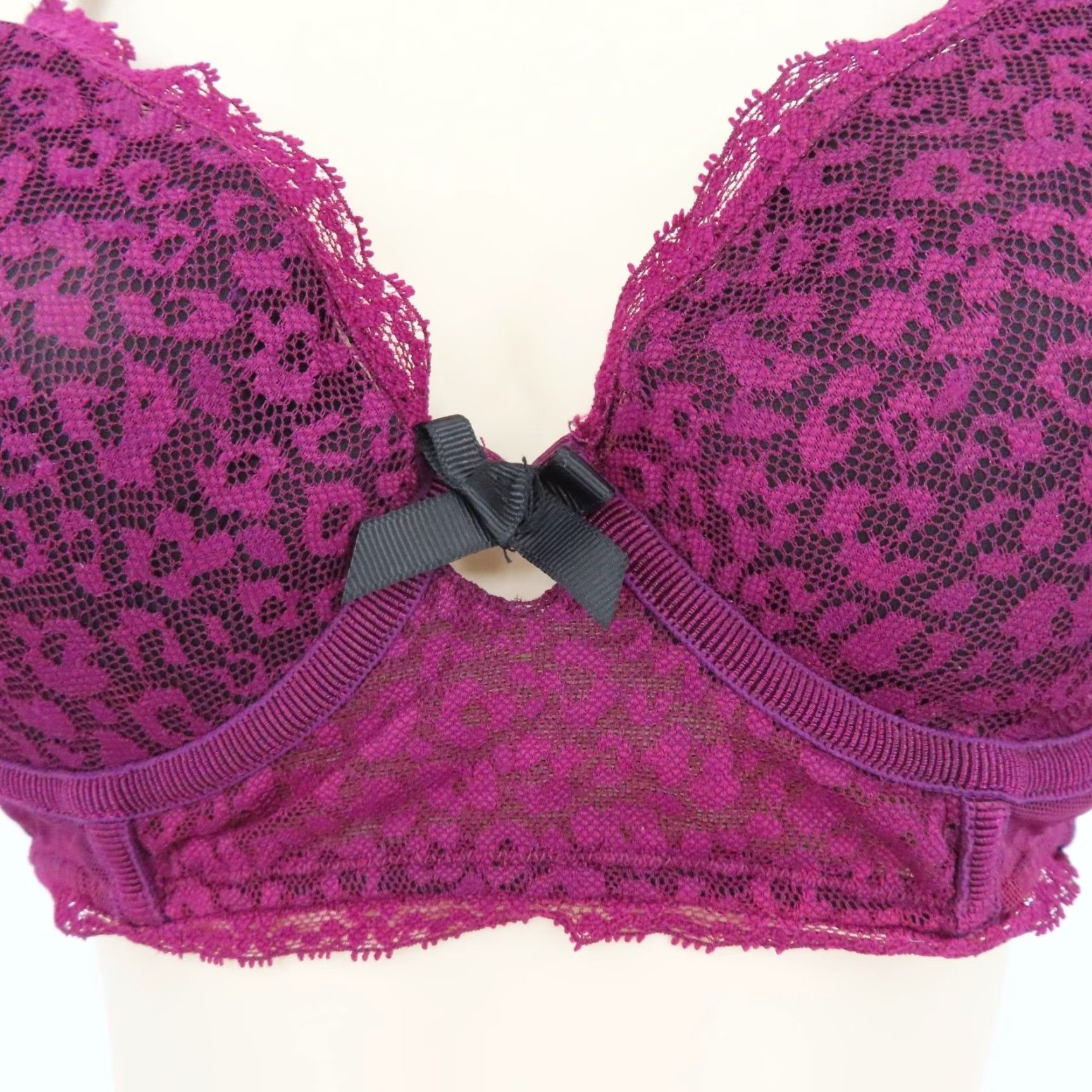 Vintage Kensie 34C Underwire Padded Bra Purple Leopard Animal Print Lace Bow Size ONE SIZE - 3 Thumbnail