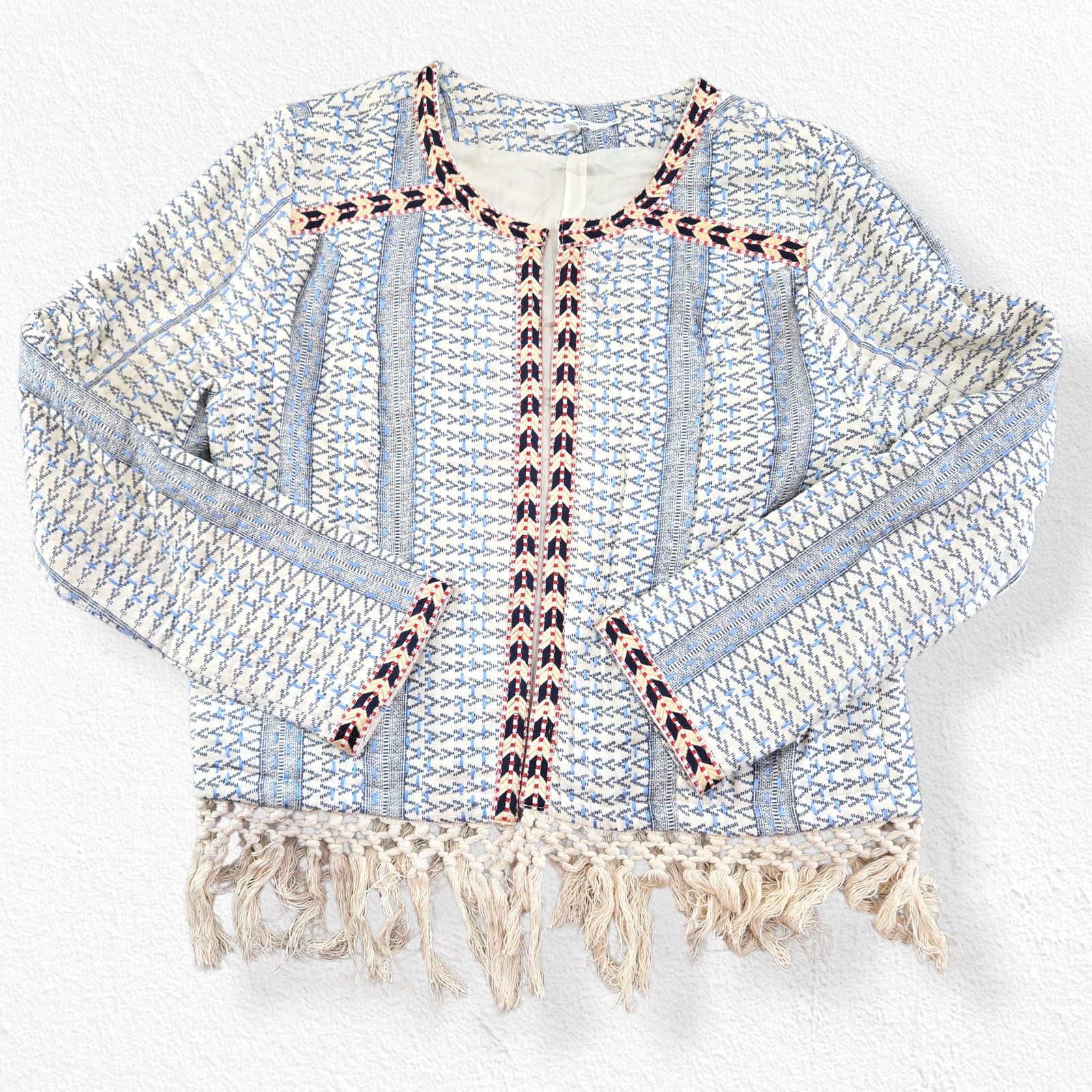 Other Tularosa Blue White Boho Fringe Blazer Size Medium Size M / US 6-8 / IT 42-44 - 2 Thumbnail