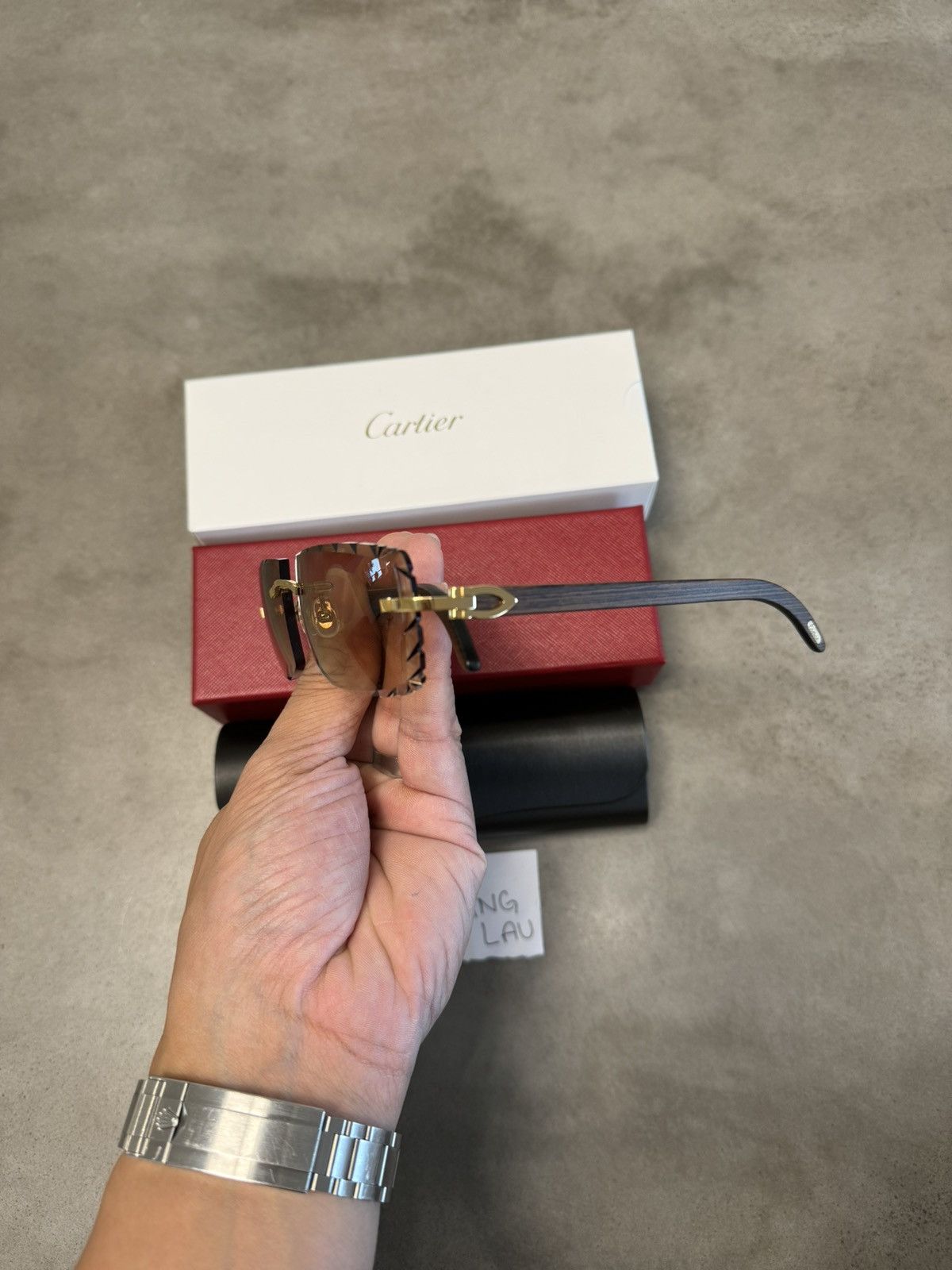 Cartier Cartier Gold Brown Wood Frames with Diamond Cut Sunglasses Size ONE SIZE - 3 Thumbnail