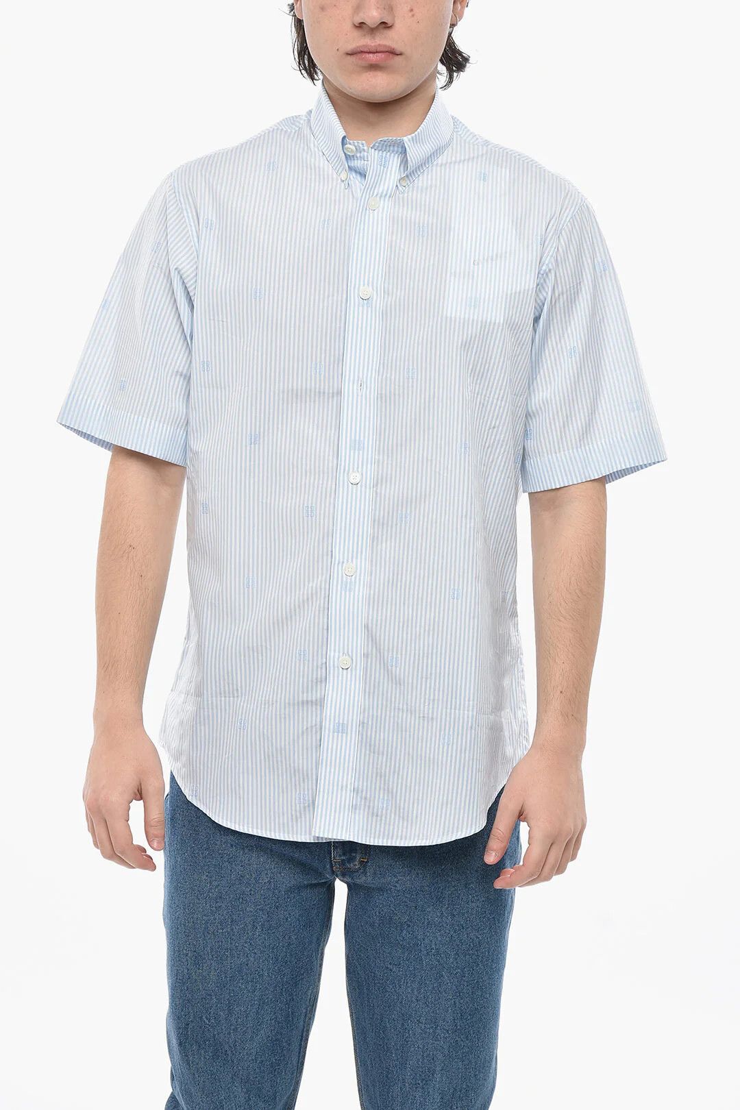 Givenchy og1mm0326 Awning-Print Cotton Button-Down Shirt Light Blue Size US S / EU 44-46 / 1 - 1 Thumbnail