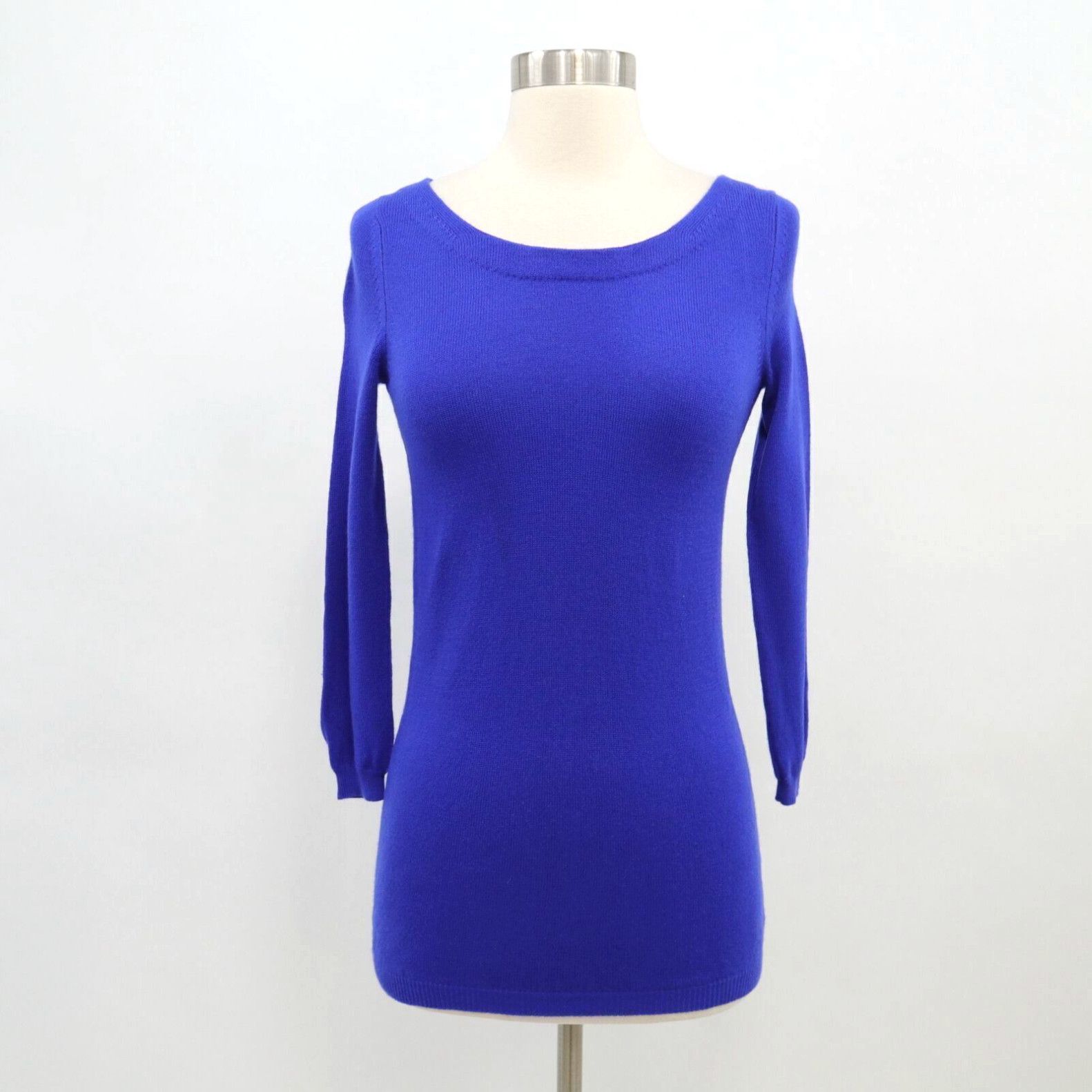 image of Theory Cashmere Sweater Pullover Womens P Xs Royal Blue Crew Neck 3/4 Sleeve in White