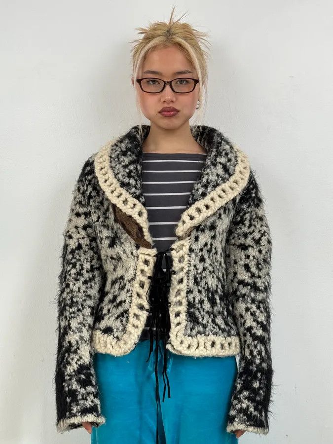 Roberto Cavalli 2000s Roberto Cavalli Black & White Leopard Wool Cardigan Jacket Size S / US 4 / IT 40 - 2 Thumbnail