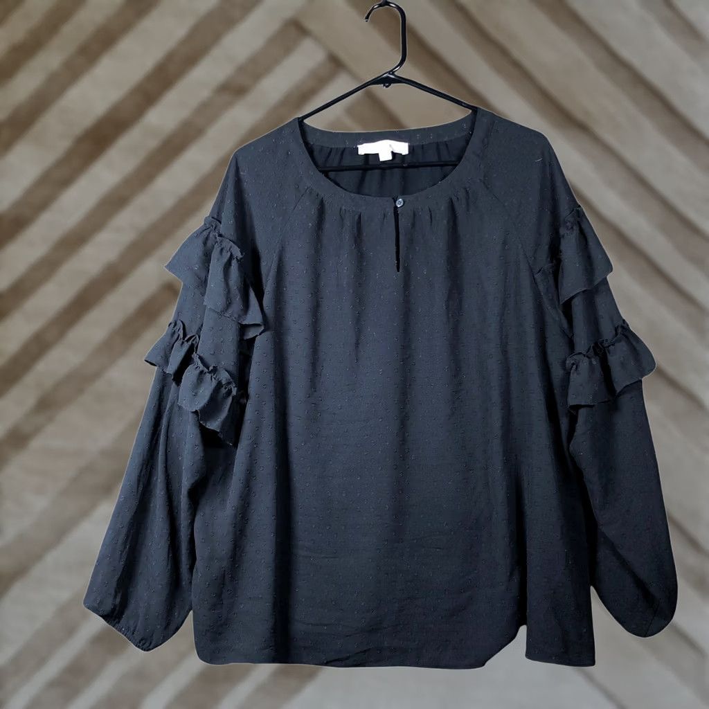 Ann Taylor LOFT Womens Blouse Black Key Hole Front Lined Ruffle Long Sleeves XL Size XL / US 12-14 / IT 48-50 - 1 Thumbnail