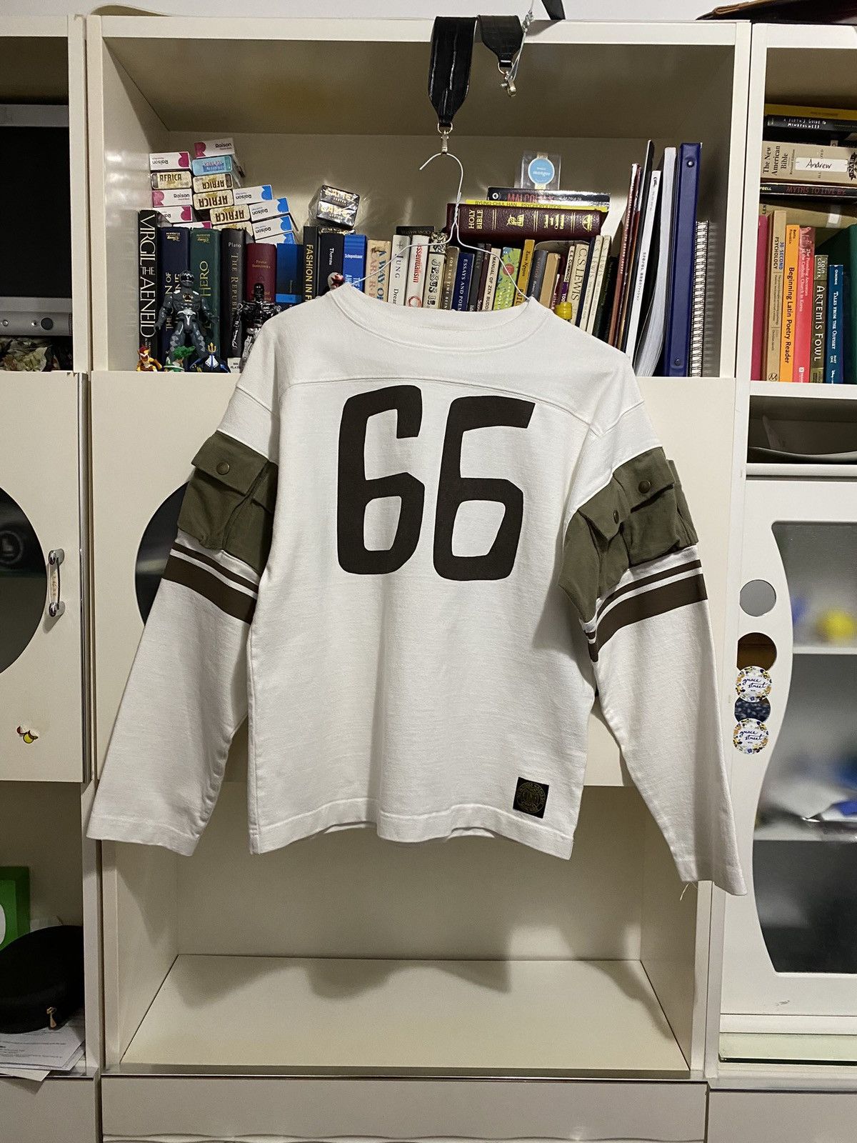 image of Kapital “66” 16 Dense Cotton Football Jersey Long sleeve in White/Green, Men's (Size Medium)