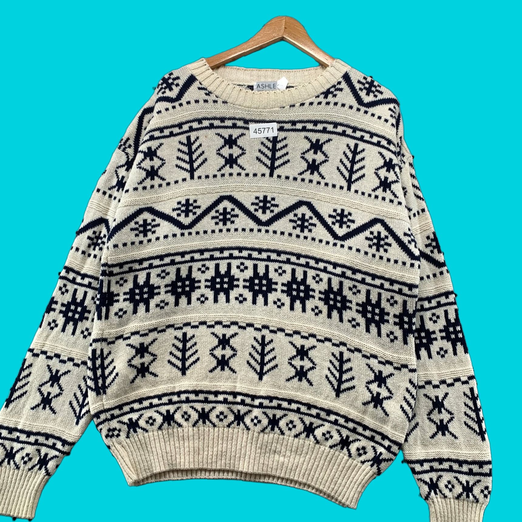 Vintage VINTAGE Ashley Knit Mens Large Fair Isle Nordic Sweater Beige 100% Cotton Pullover Knit Crew Neck 90s Ski Winter Casual Size US L / EU 52-54 / 3 - 1 Thumbnail