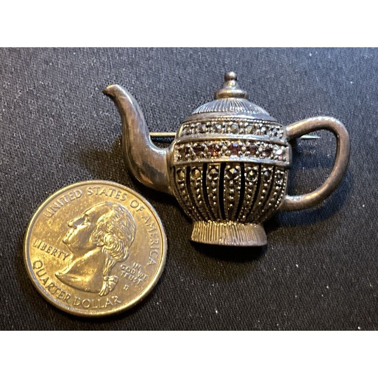 Other 925 Sterling Silver Marcasite Garnet Tea Pot Brooch/Pendant Size ONE SIZE - 3 Thumbnail