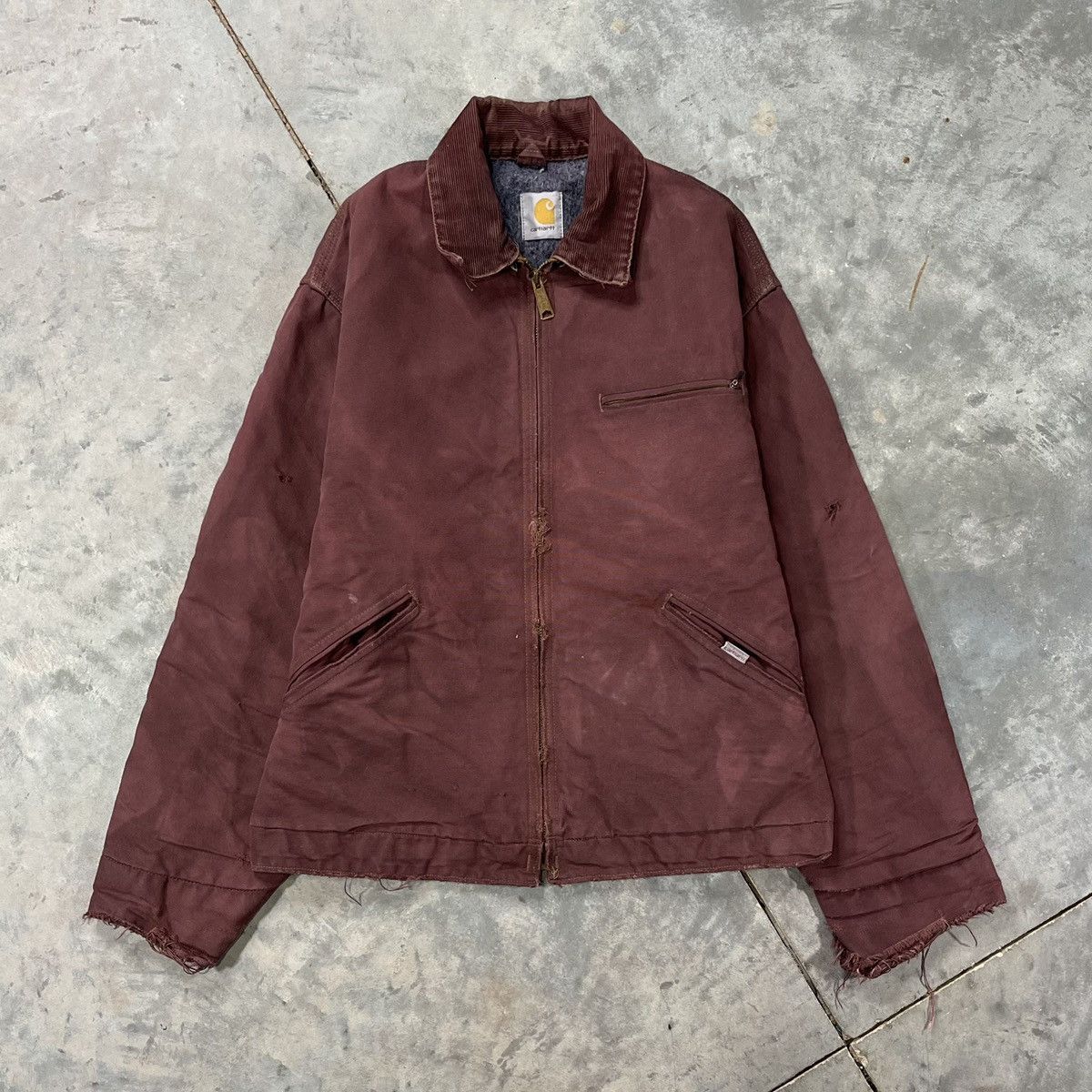 image of Vintage Carhartt Detroit Jacket Blanket Lined Thrashed 80's in Burgandy, Men's (Size Large)