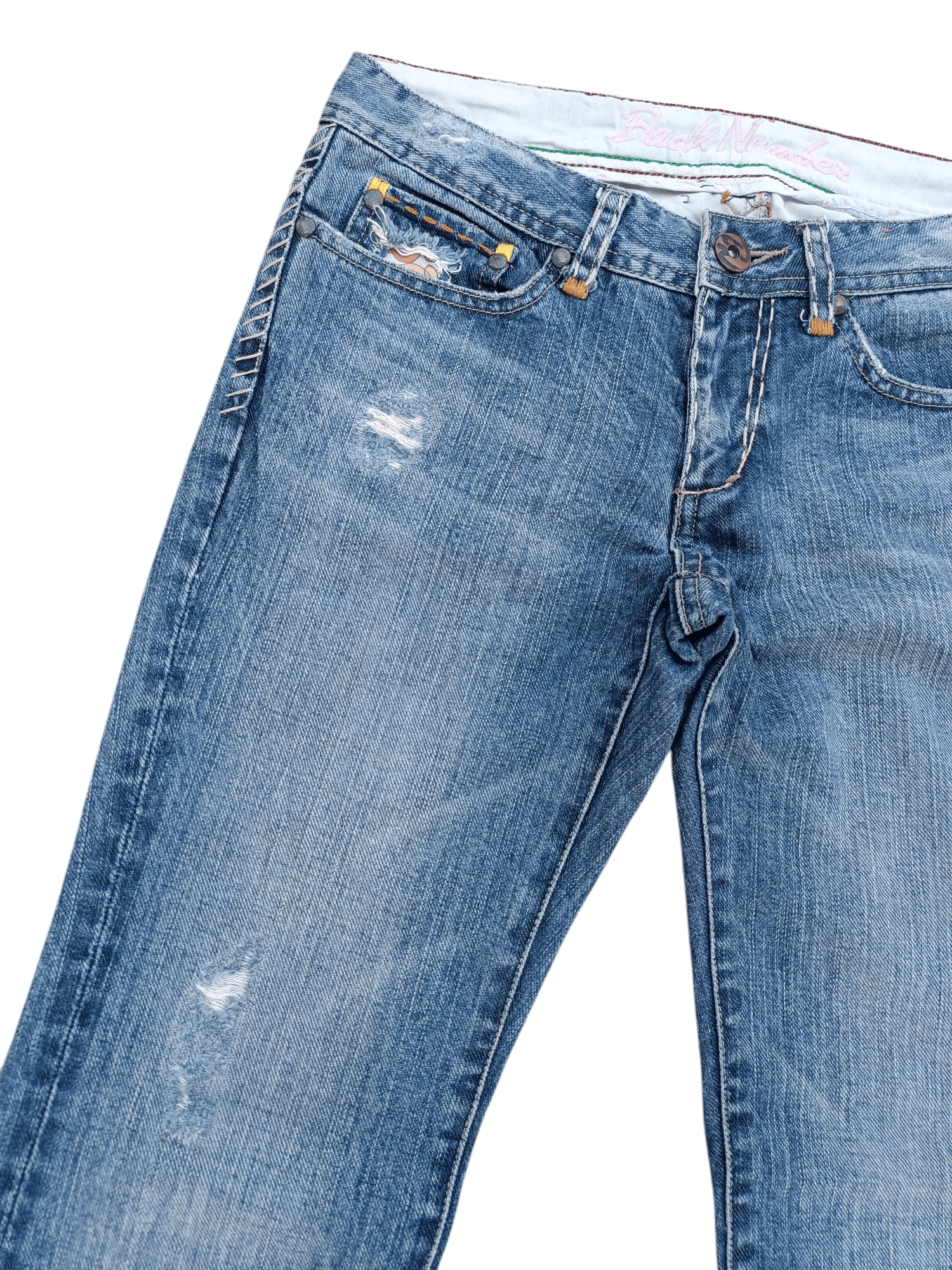 Japanese Brand FLARED ⚡️ Back Number Floral Distressed Faded Bootcut Denim Size US 30 / EU 46 - 3 Thumbnail