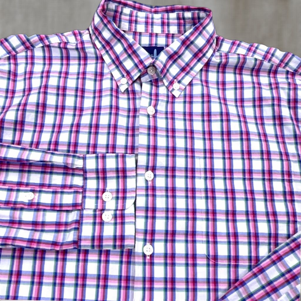 johnnie-O johnnie-O Shirt Men Medium Pink Plaid Button Up Dress Preppy Tartan Poplin Size 40R - 1 Thumbnail