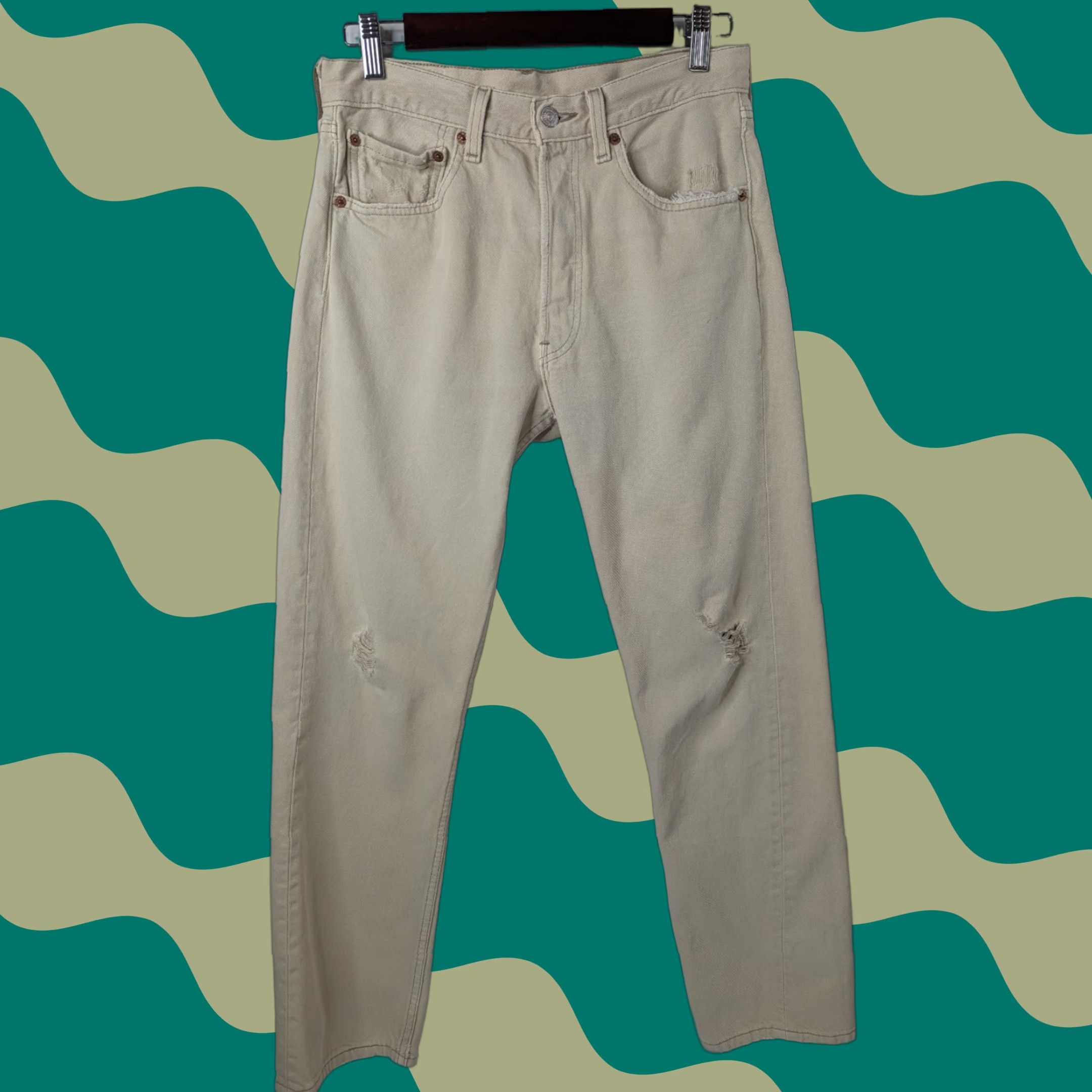 Levi's VINTAGE Levi's 501 Jeans Mens 31x30 Cream Beige Distress Denim Button Fly USA Size US 31 - 1 Thumbnail