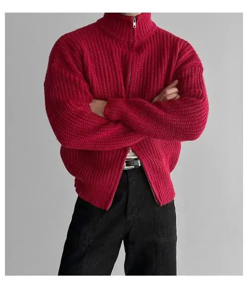 Japanese Brand Vintage Double Zipper Red XL Knit Stand-Up Jacket Coat Size US XL / EU 56 / 4 - 2 Thumbnail