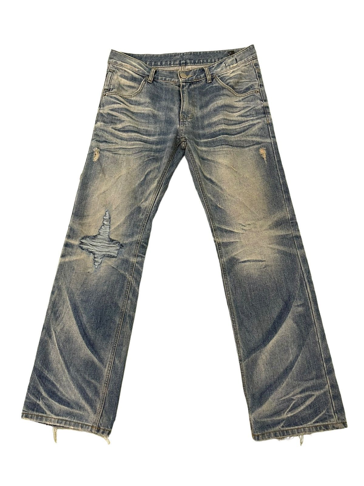 Japanese Brand Slim Jeans Improves Faded Distress Denim 8🟦7 Size US 35 - 1 Thumbnail