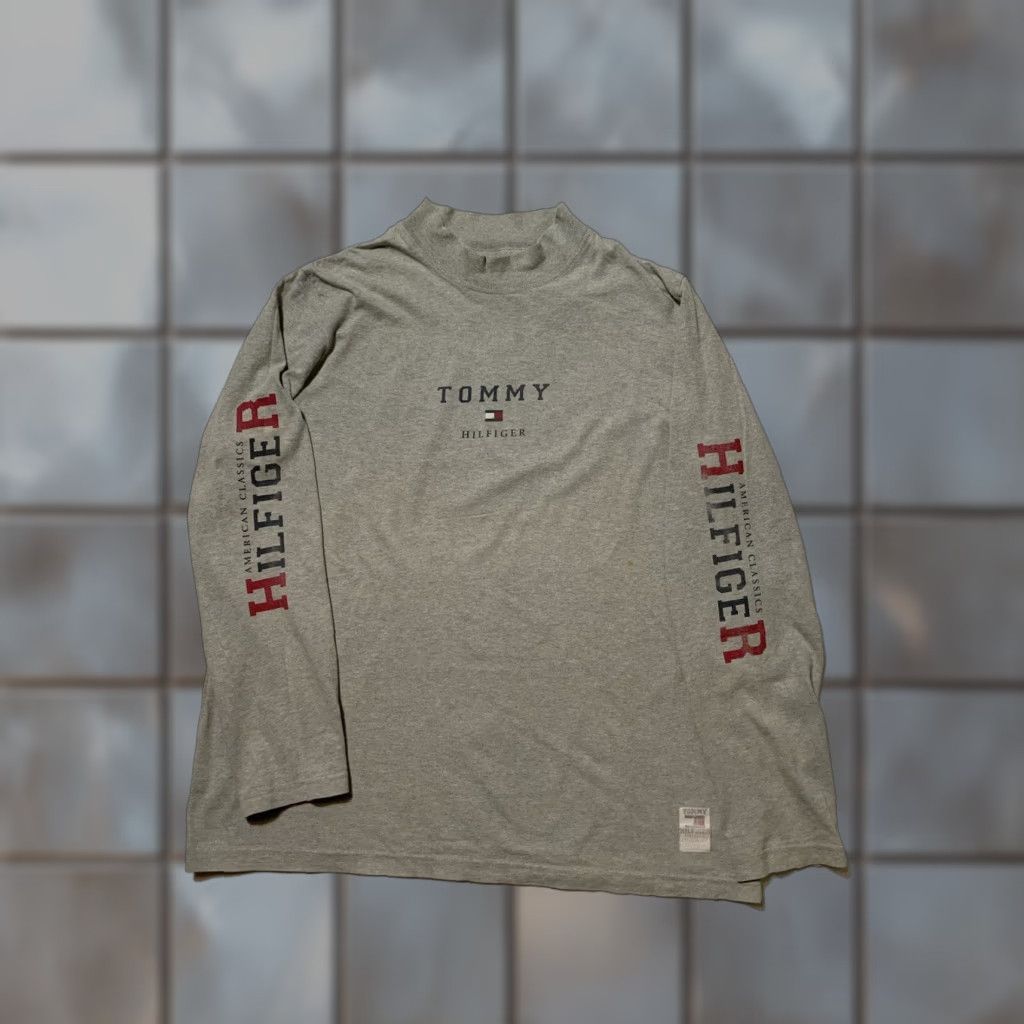 Tommy Hilfiger VINTAGE Tommy Hilfiger American Classics Mock Neck USA Made L/S T-Shirt XL Gray 90s Mens Shirt Size US XL / EU 56 / 4 - 1 Thumbnail