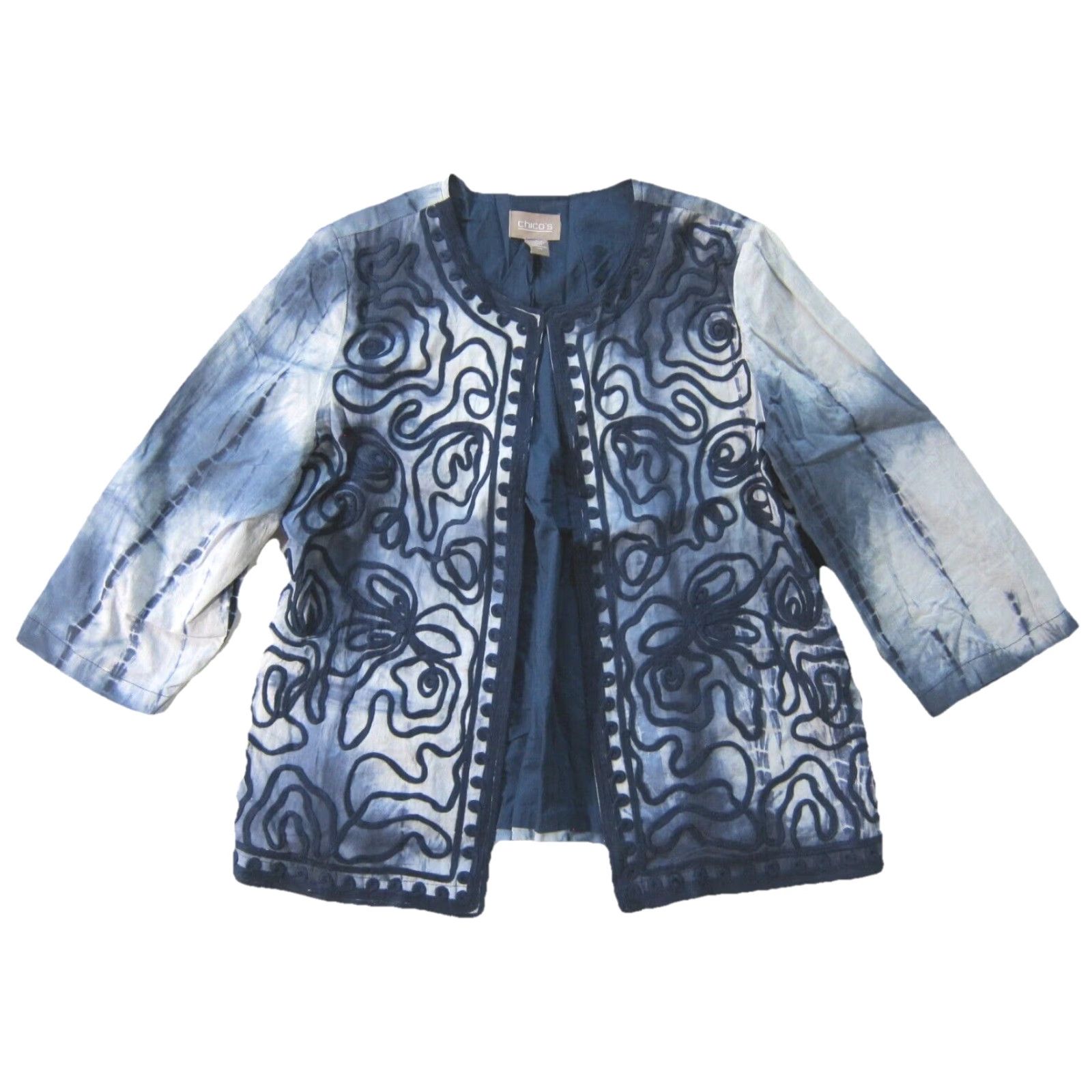 Vintage Chico's 100% Cotton Blue Tie Dye Embroidered Open Cardigan Jacket Women L Large Size L / US 10 / IT 46 - 2 Thumbnail