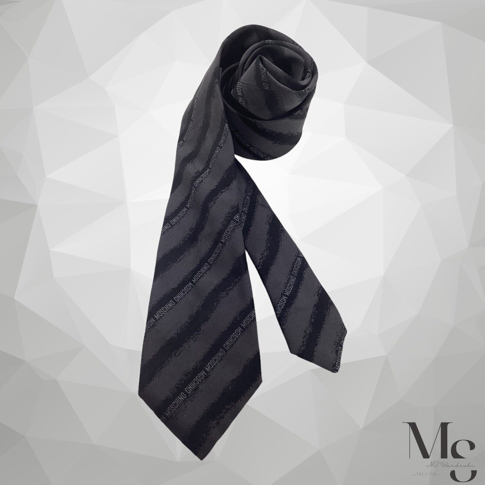 Moschino MOSCHINO Gray With Black Stripe Monogrammed Silk Tie Made In Size ONE SIZE - 1 Thumbnail