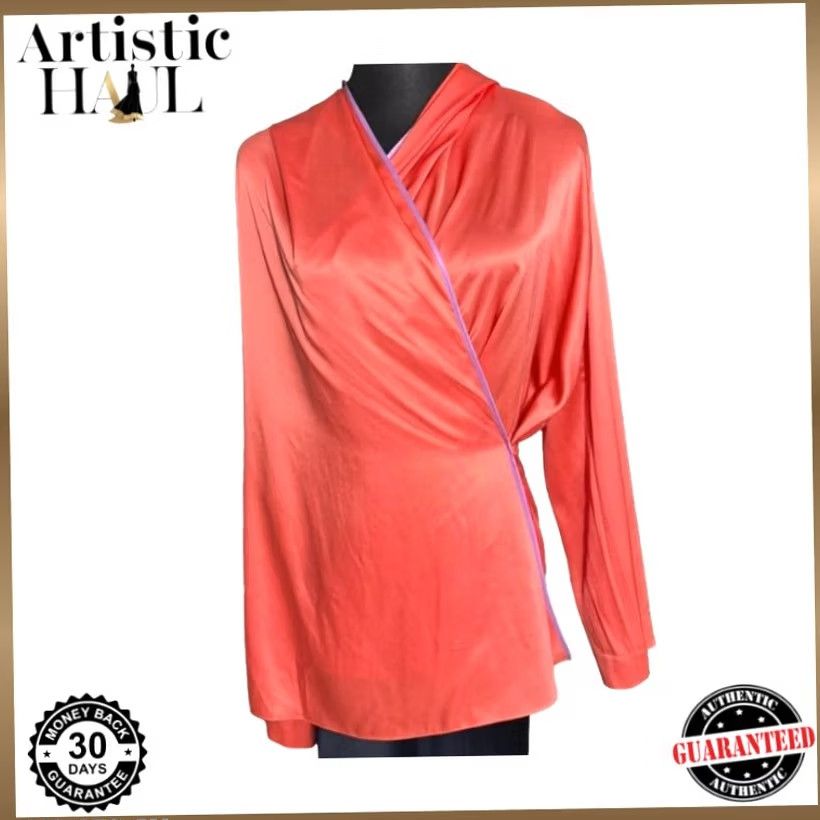 Giorgio Armani Giorgio Armani Women's Orange Satin Draped Hooded Wrap Blouse Size 42 BNWT Satin Blouse Hooded V-Neck Pullover Long Sleeve Solid Orange Women 42 Size M / US 6-8 / IT 42-44 - 2 Thumbnail