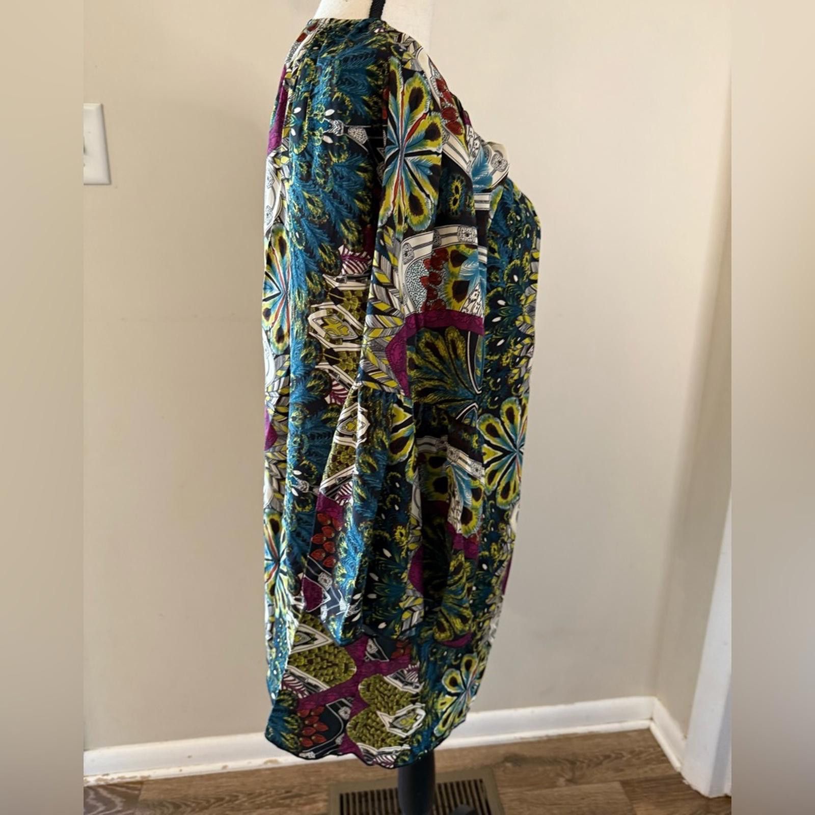 Other Boho multicolored feather print top wide sleeves SZ LG Size L / US 10 / IT 46 - 2 Thumbnail