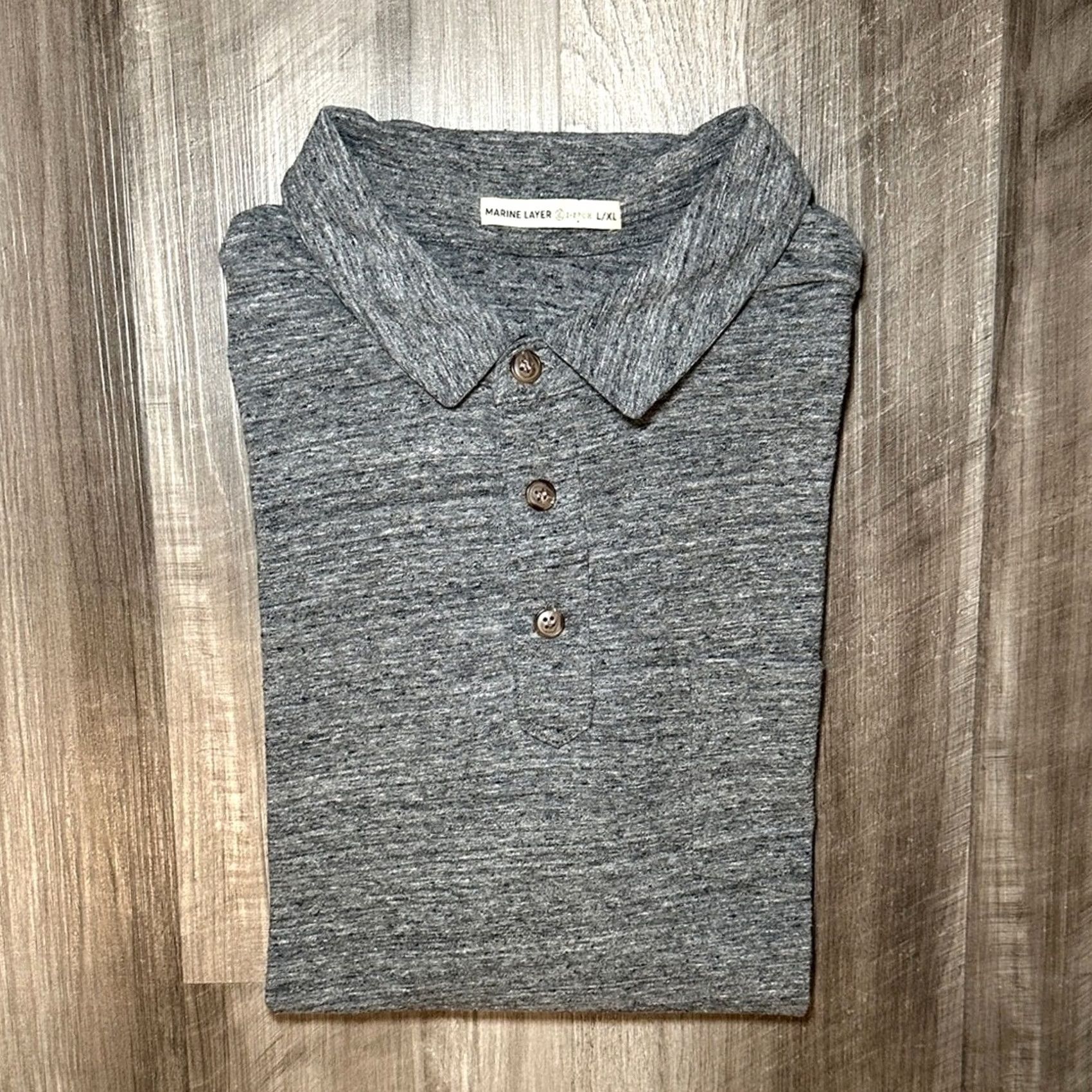 Marine Layer Marine Layer Re-Spun Heathered Charcoal Polo L/XL Men's Small/XL Regular Cotton Polyester Gray polo Mens L/XL Shirt Size US XL / EU 56 / 4 - 2 Thumbnail