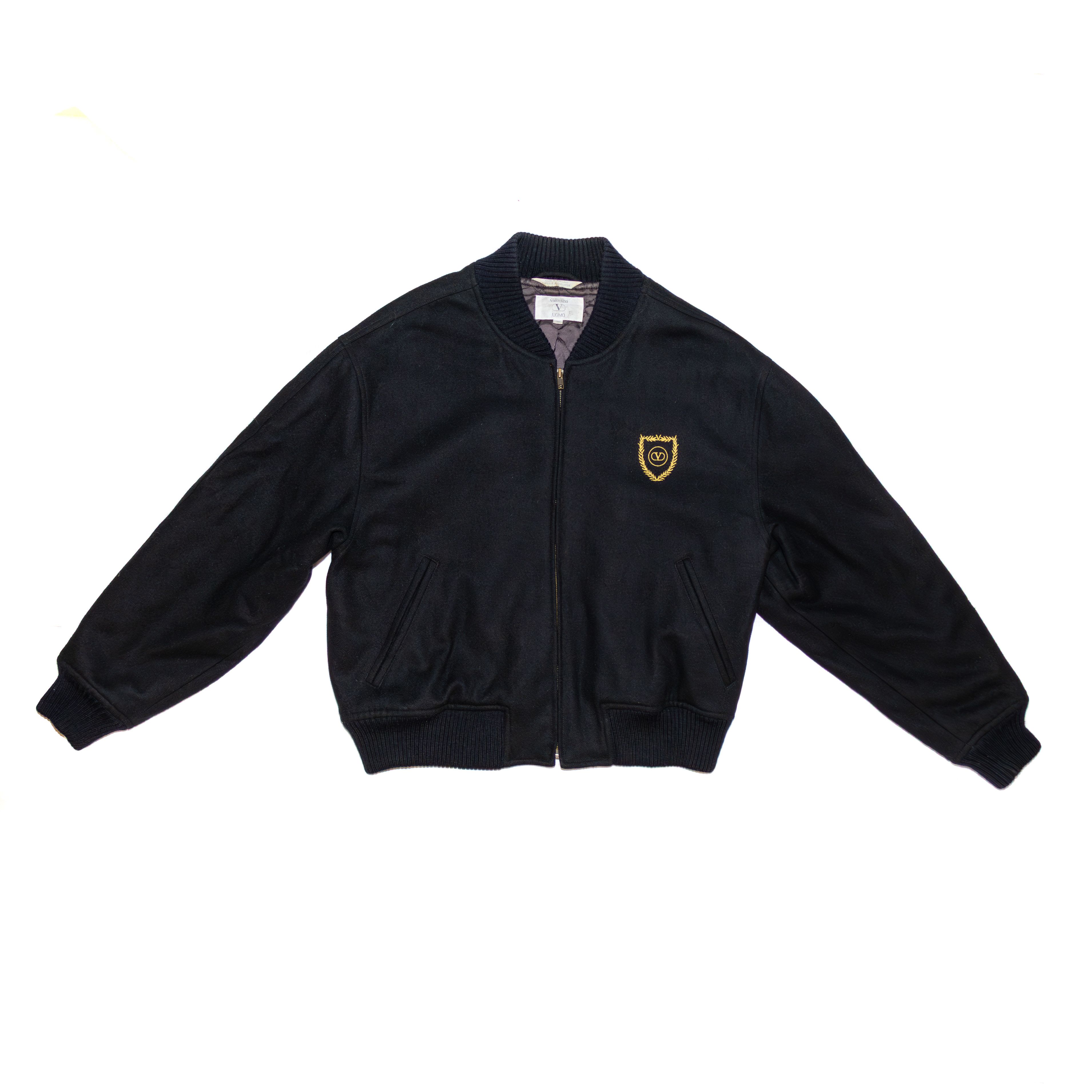 80s Valentino Uomo Black Wool Blend Bomber Jacket