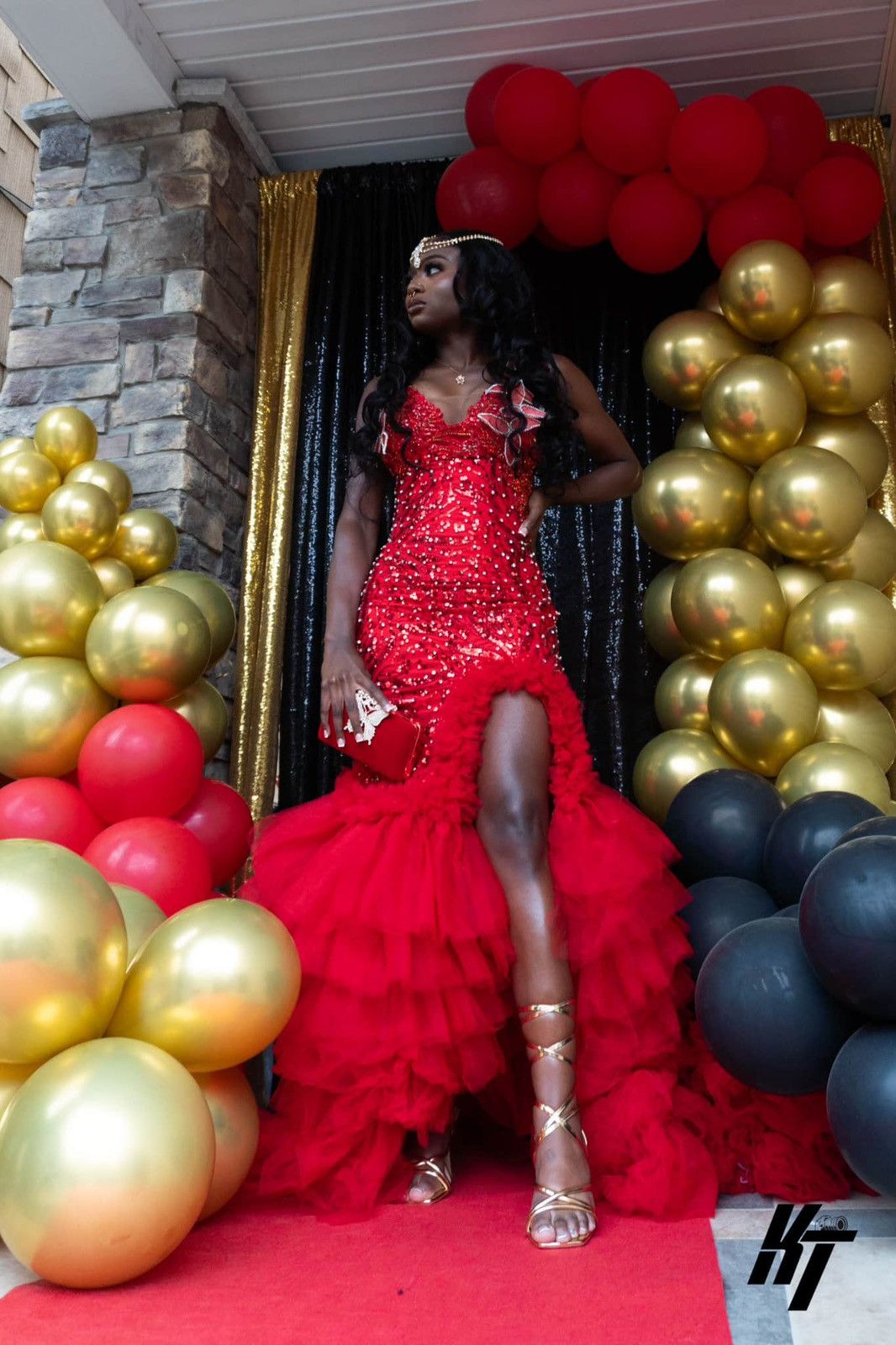 Custommade Make an Entrance – Glam Red Prom Dress w/ Gold Accents Size S / US 4 / IT 40 - 2 Thumbnail