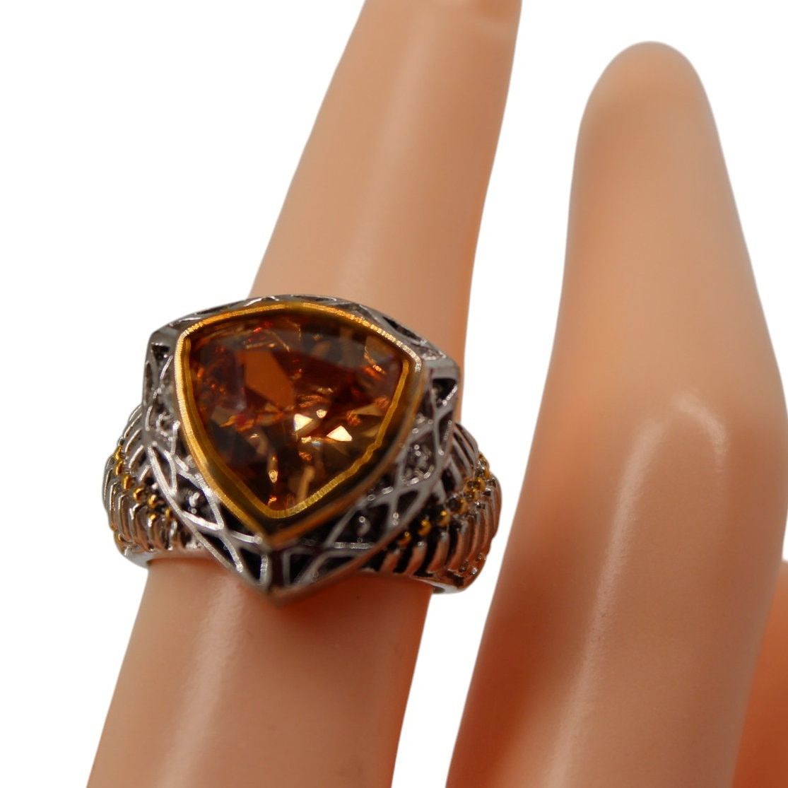 Other Big Statement Ring Simulated Citrine Triangle Silvertone Size ONE SIZE - 5 Thumbnail
