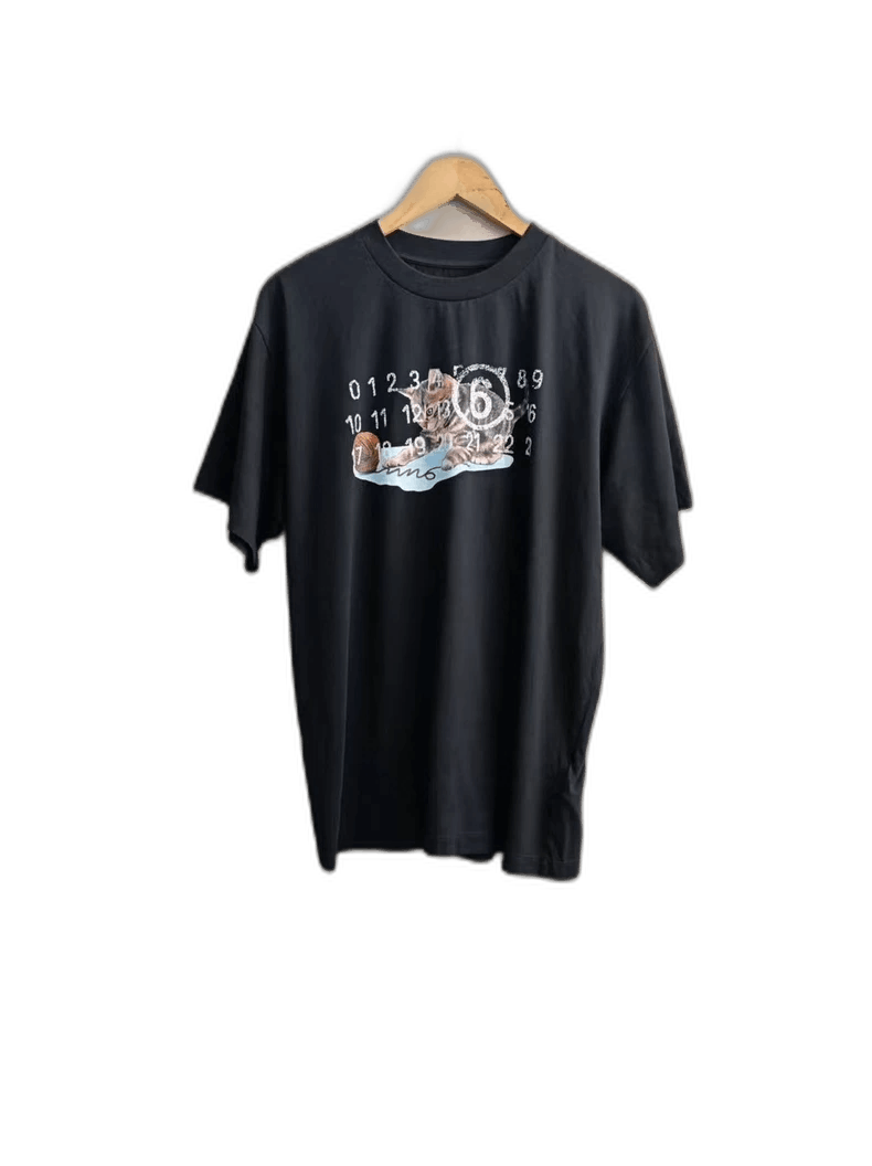 Black Short Sleeve Shirt with Cat Design-yf
