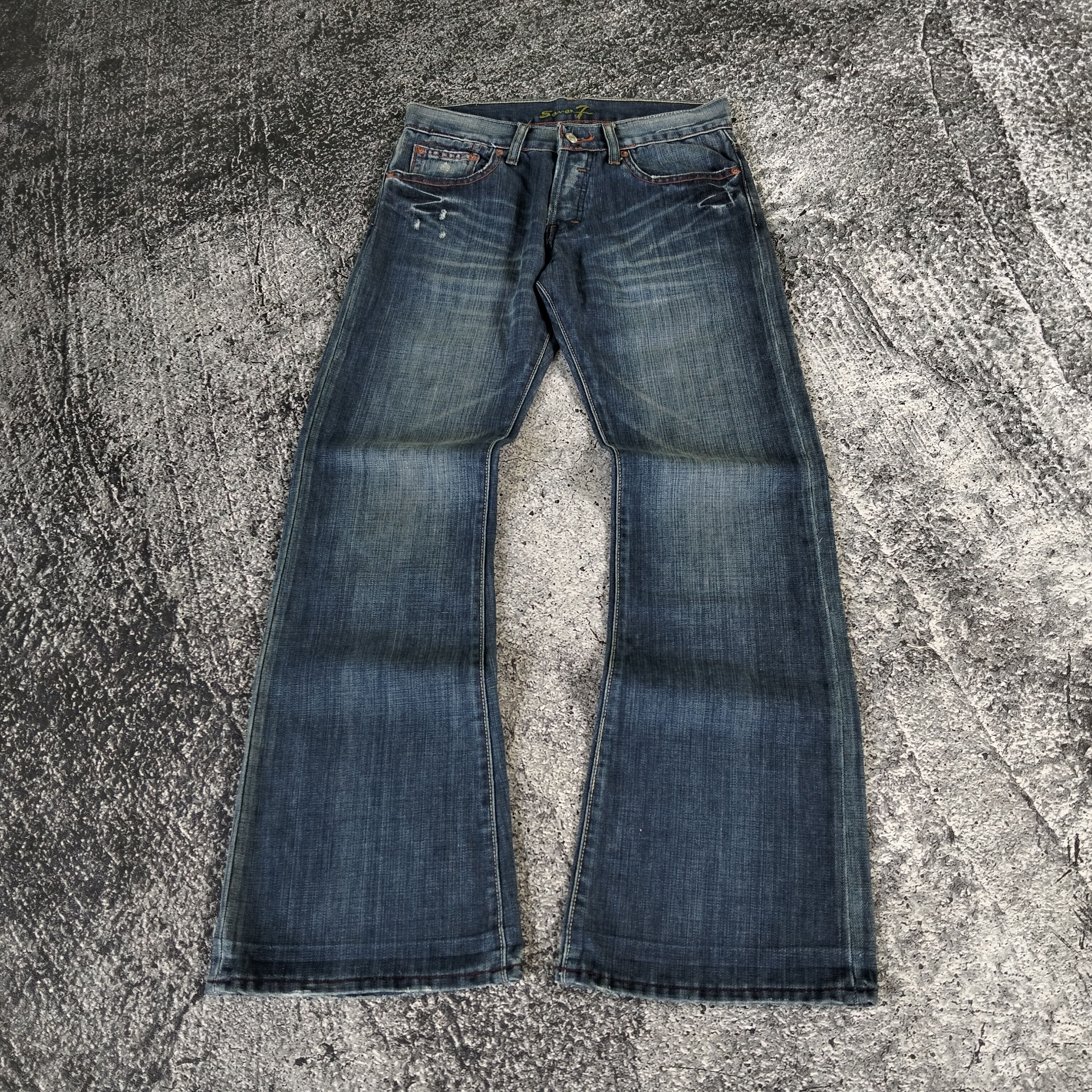 7 For All Mankind Flared Button Fly Blue Wash Faded Jeans