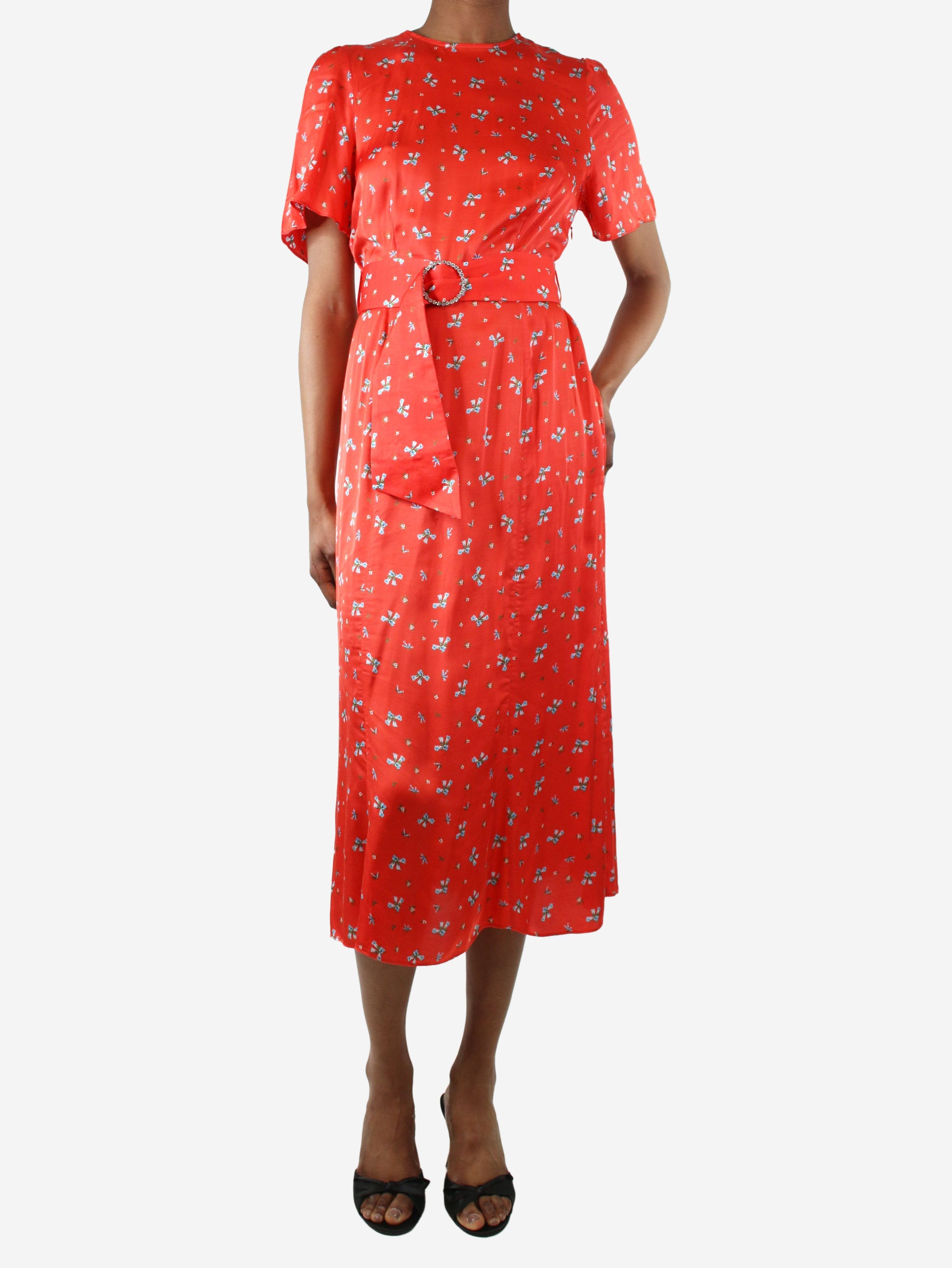 image of Rixo Red Floral-Printed Belted Midi Dress - Size S, Women's