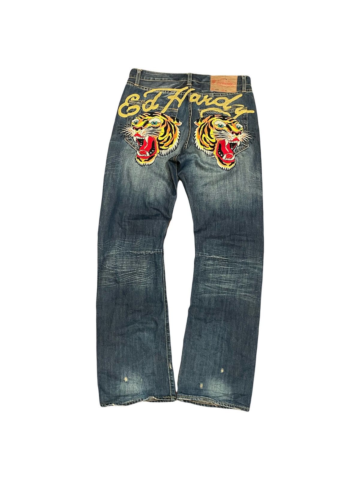 Ed Hardy × Vintage Y2K 2009 Ed Hardy Embroidered Tiger Baggy Flared Denim Size US 32 / EU 48 - 2 Thumbnail