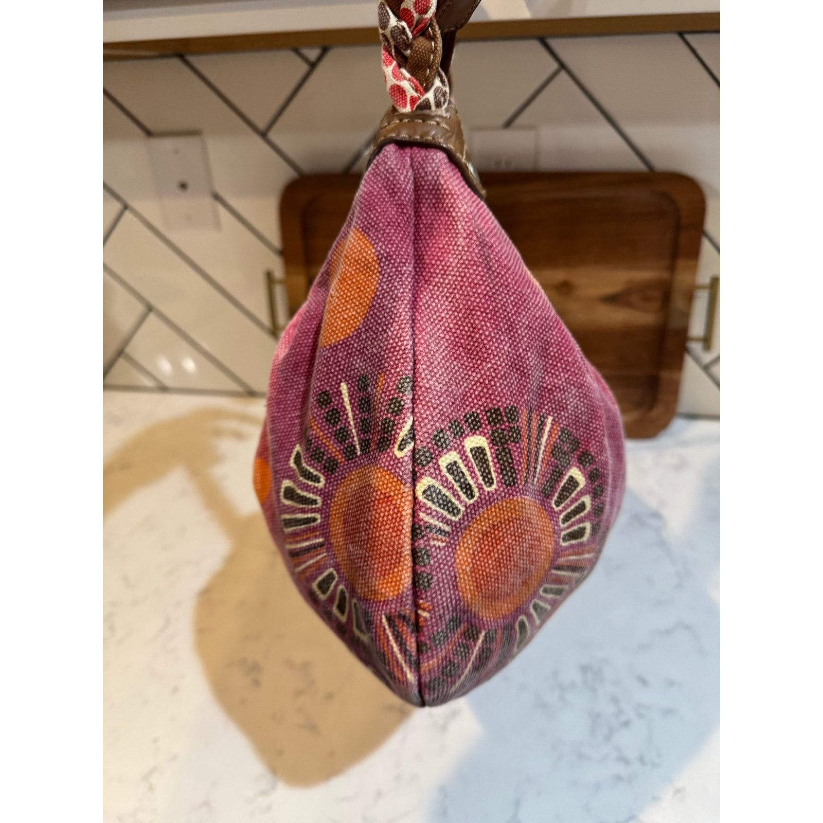Guess vintage Fossil Canvas Hobo Bag abstract orange brown floral Size ONE SIZE - 3 Thumbnail