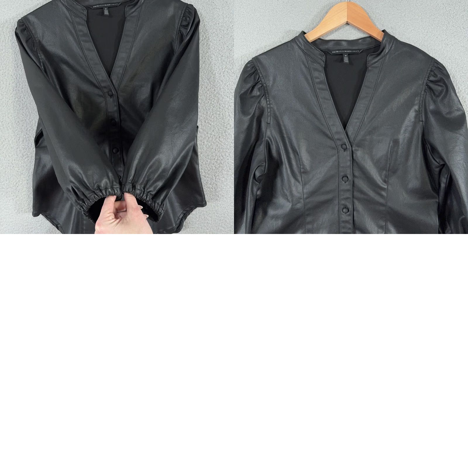 White House Black Market VINTAGE? No. White House Black Market Blouse Womens 10 Black Puff Sleeve V-Neck Button Front Knit Faux Leather Look Shirt Size L / US 10 / IT 46 - 9 Thumbnail