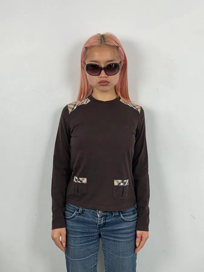 Burberry Burberry Brown Cotton Check Shoulder Panel Longsleeve T-Shirt Size S / US 4 / IT 40 - 2 Thumbnail