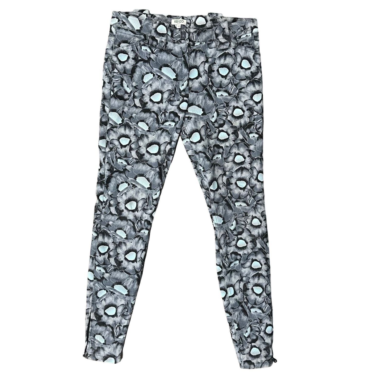 Kenzo Gray Blue Iridescent Floral Zip Ankle Skinny Jeans 8