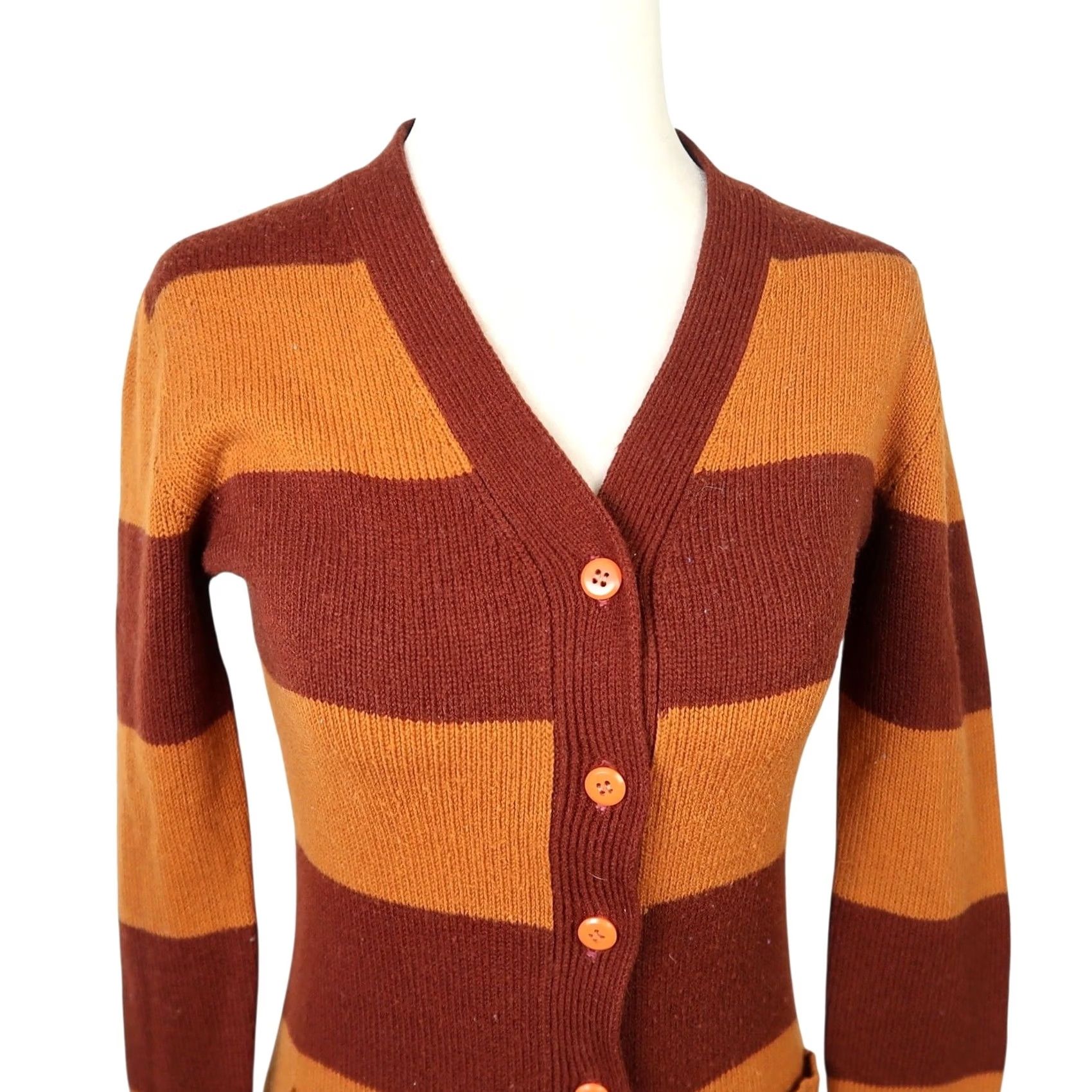 Vintage VINTAGE Mine Doll Cardigan Striped Rugby S Womens Brown Tan Long Sleeve V-Neck Sweater Clearance Size S / US 4 / IT 40 - 3 Thumbnail