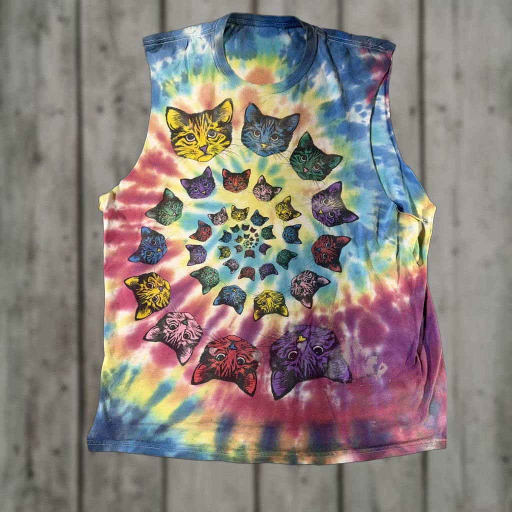 Vintage VINTAGE Tie Dye Cat Shirt Mens Large Spiral Trippy Psychedelic Graphic Upcycled y2k VTG Size US L / EU 52-54 / 3 - 1 Thumbnail
