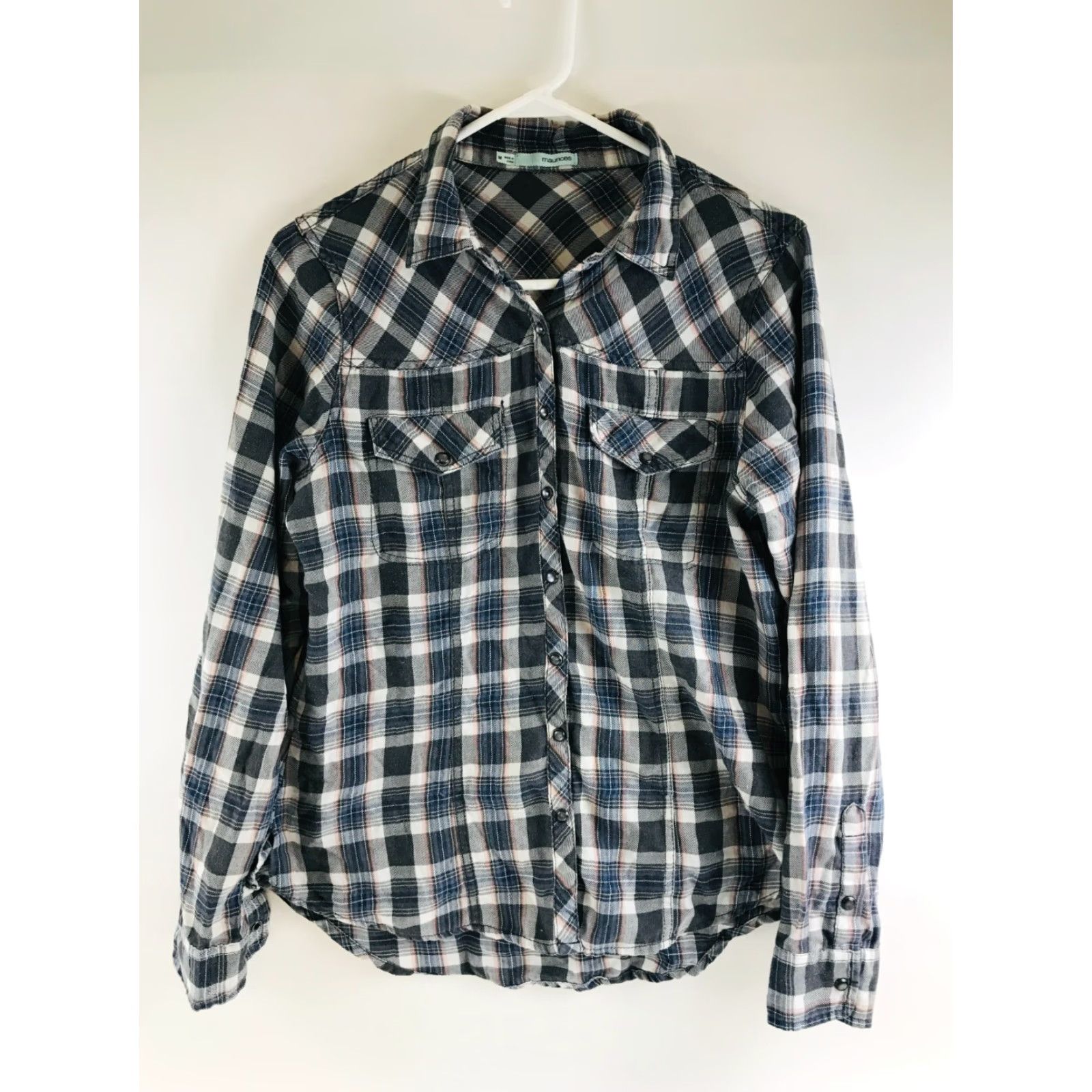 Vintage Maurices Shirt Women's M Black Blue Button Up Plaid Pearl Snap Pocket Flaps Size M / US 6-8 / IT 42-44 - 2 Thumbnail