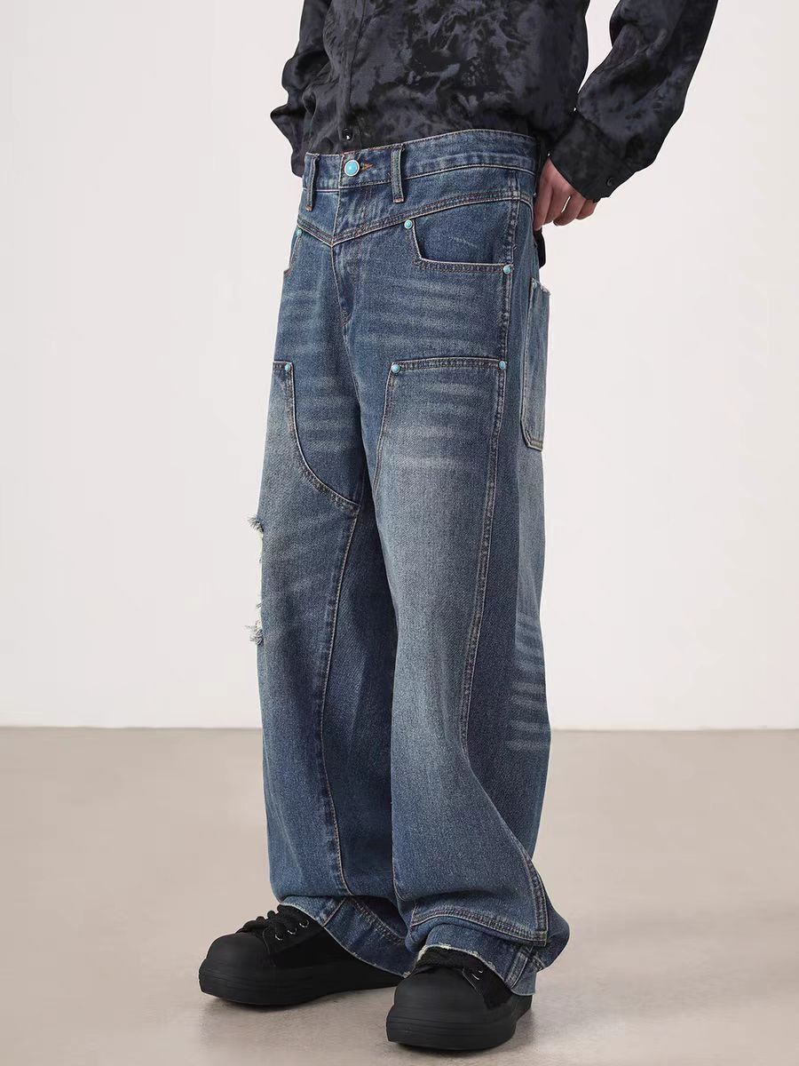 Washed vintage loose fit ripped work jeans