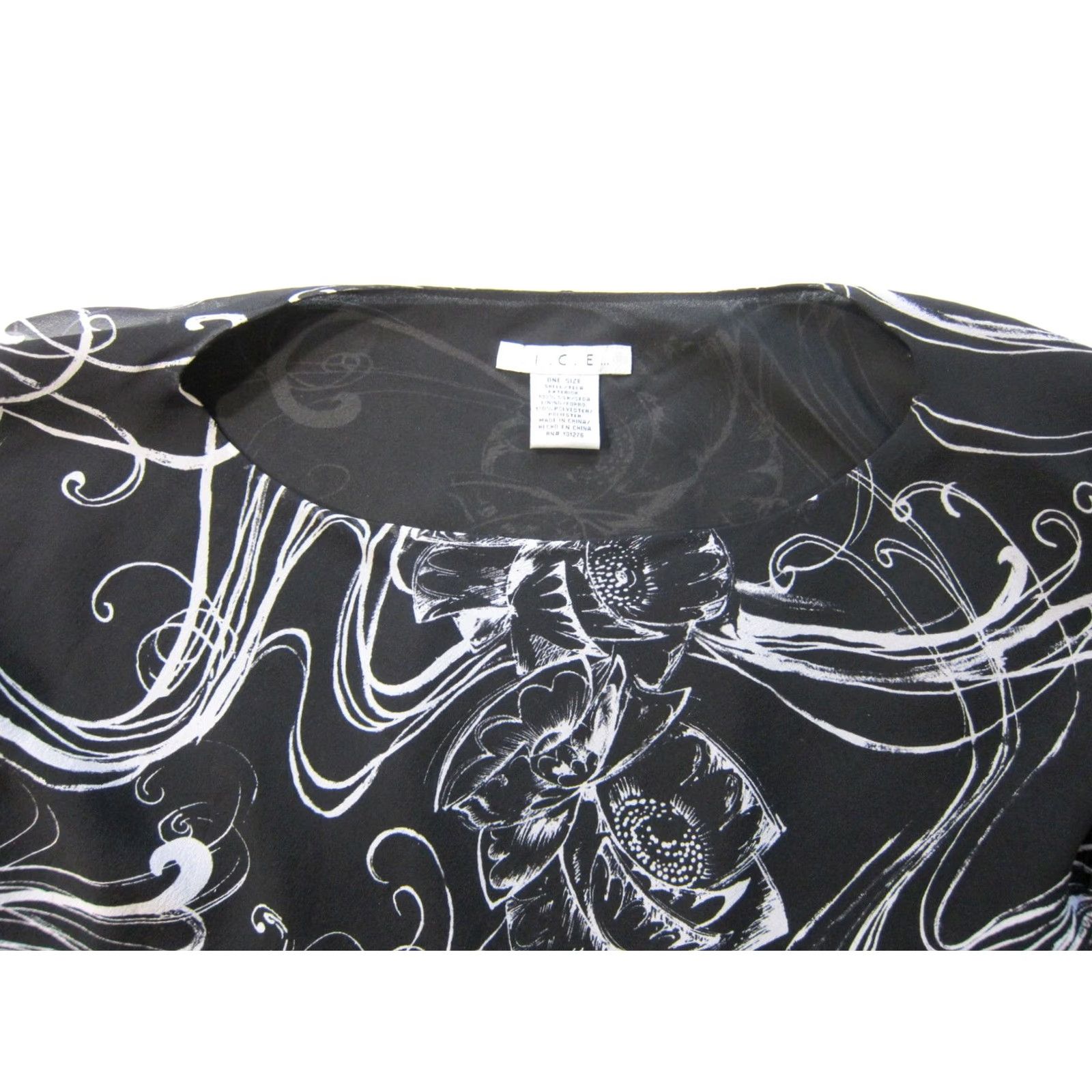 Vintage I.C.E 100% Silk Black White Floral Asymmetrical Flare Sleeve Blouse Top Women OS Size ONE SIZE - 4 Thumbnail