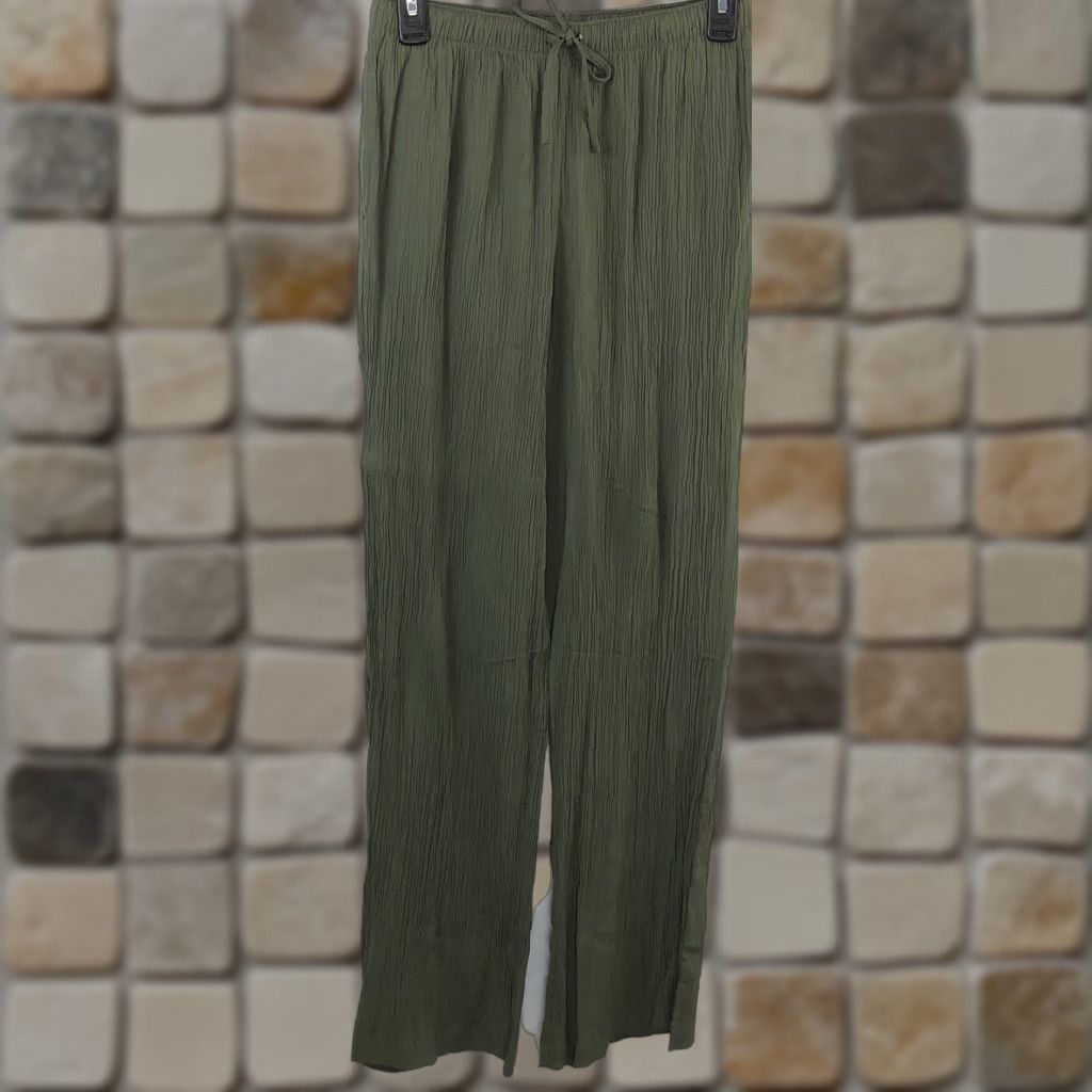 Vintage Jaclyn Smith Crepe Pants Green S 26" Elastic Waist Drawstring Lounge Straight Leg Women's Pants Modern Beach Bohemian 26" Inseam Size 28" / US 6 / IT 42 - 1 Thumbnail