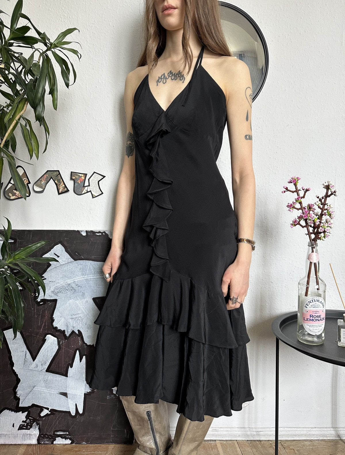 SikSilk × Vintage Vintage Silk Black Ruffle Ruched Halter Evening Dress Size M / US 6-8 / IT 42-44 - 6 Thumbnail