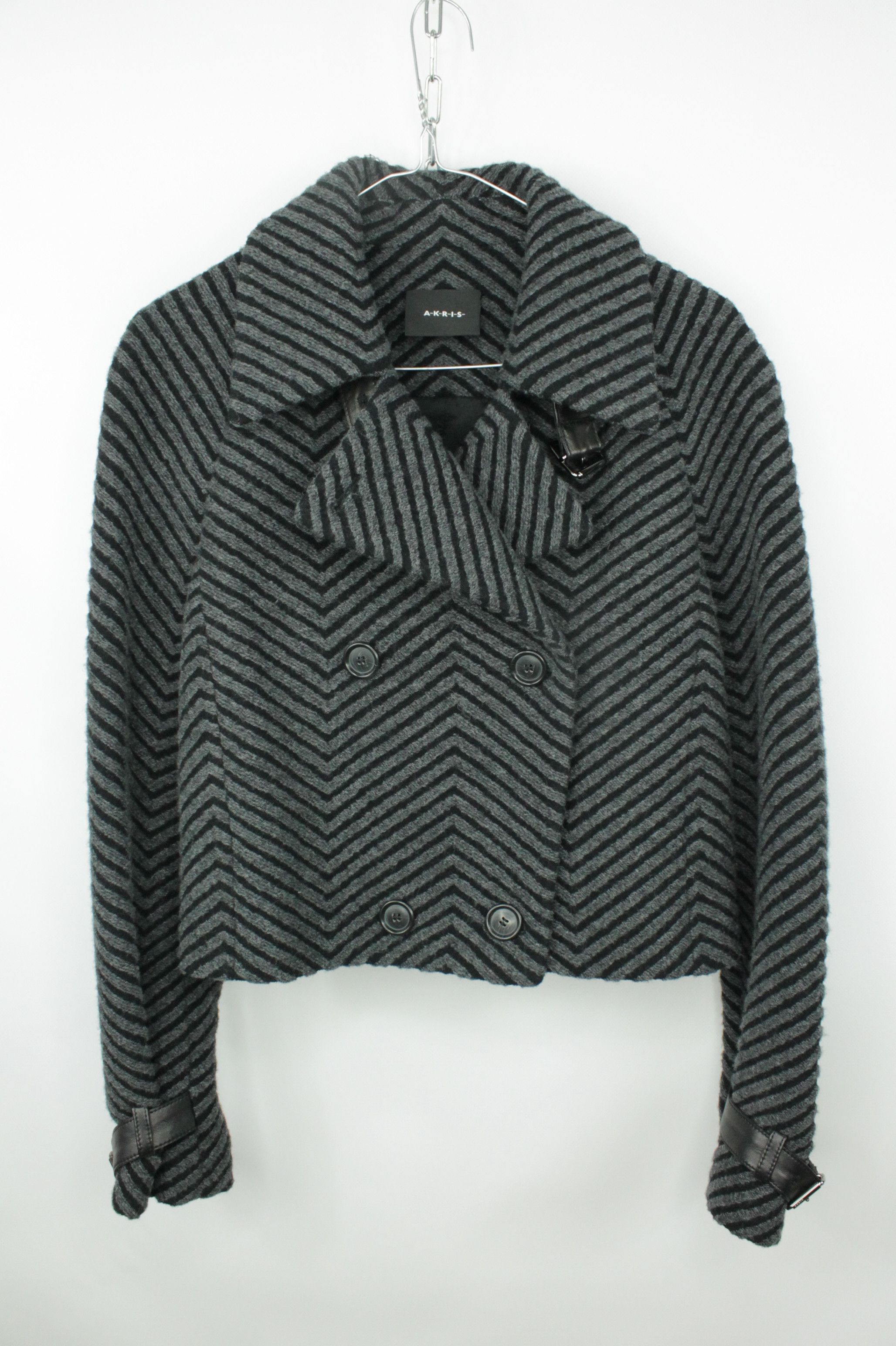 Akris Luxury Short Gray Wool Jacket With Leather Garniture