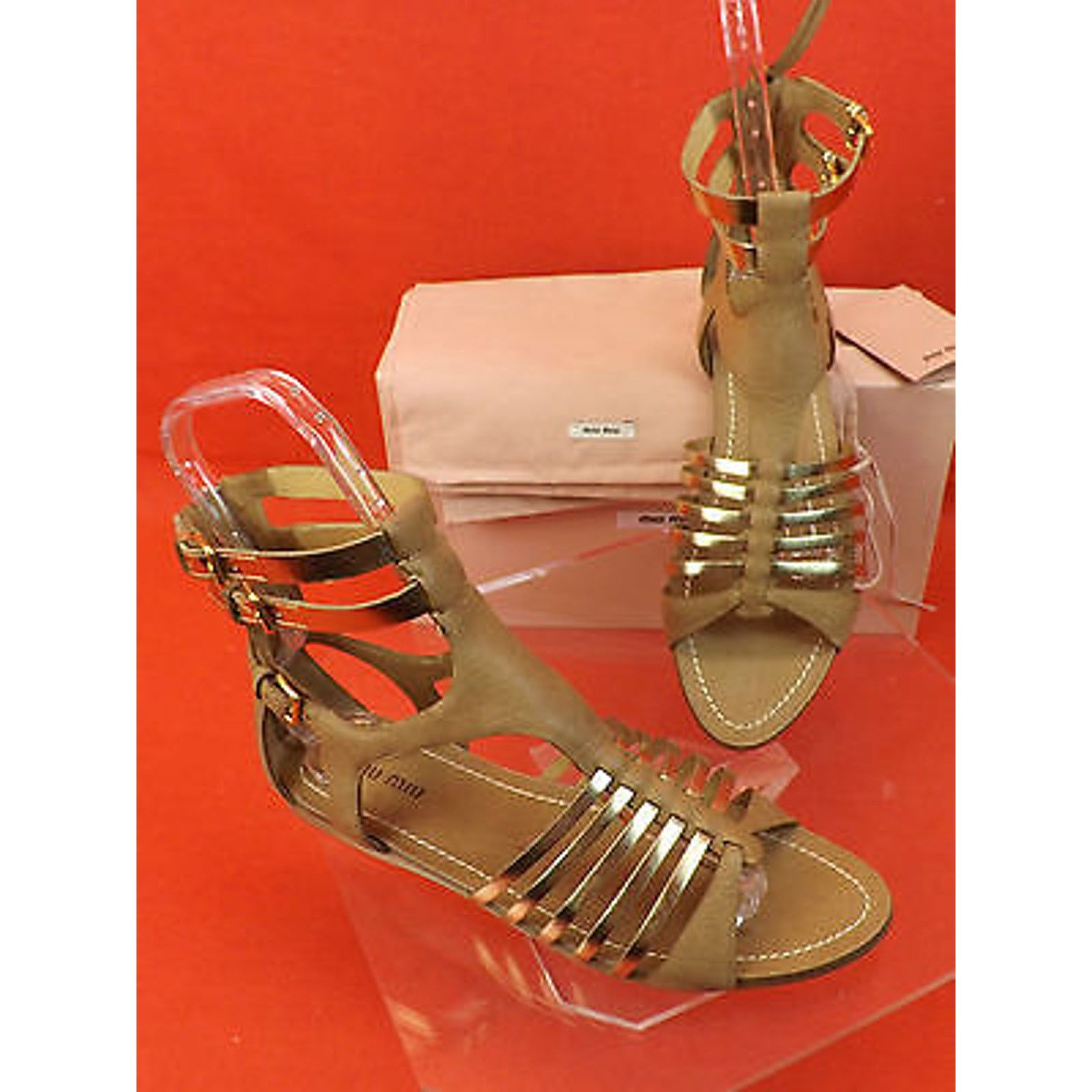 Miu Miu CAMEL GOLD LEATHER BACK ZIP GLADIATOR FLATS SANDALS 35.5 Size US 5.5 / IT 35.5 - 11 Thumbnail