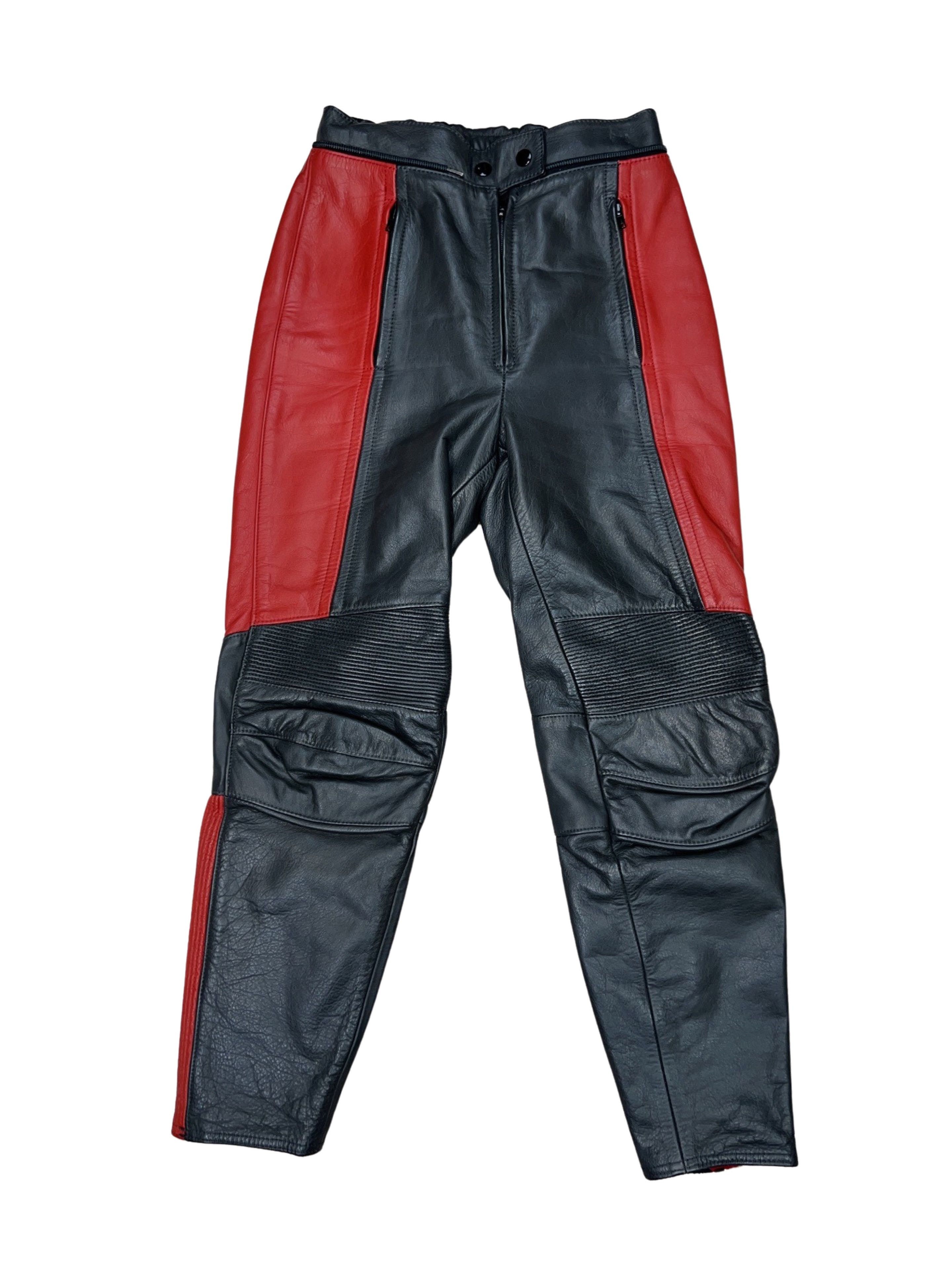 image of Genuine Leather x Racing Vintage Heavy Leather Racing Pants Red Black Akira Colors in Black Red, Wo