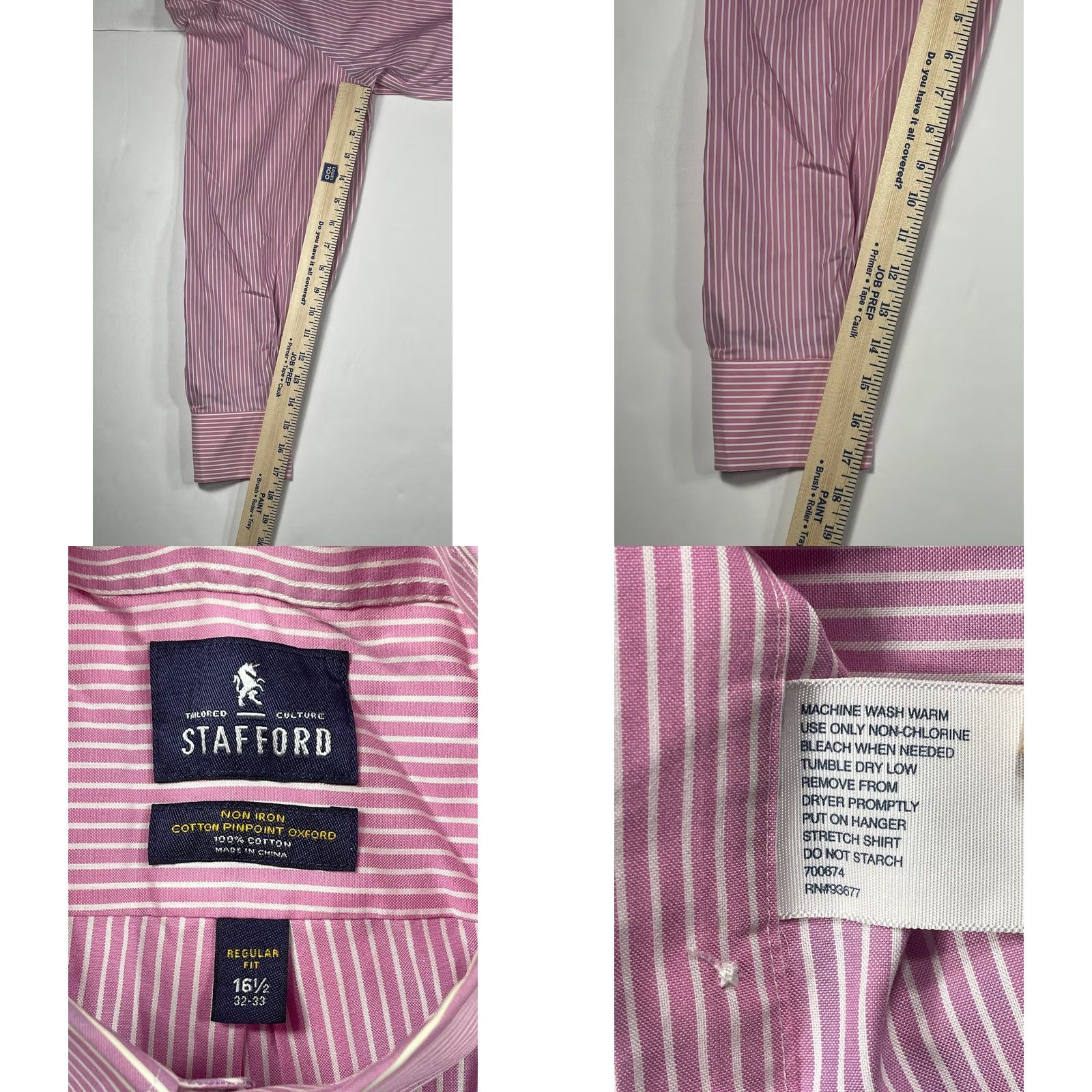 Stafford Stanford NonIron Button Up Long Sleeve Dress Shirt Mens 16 1/2 32/33 Pink Striped Size 46R - 8 Thumbnail