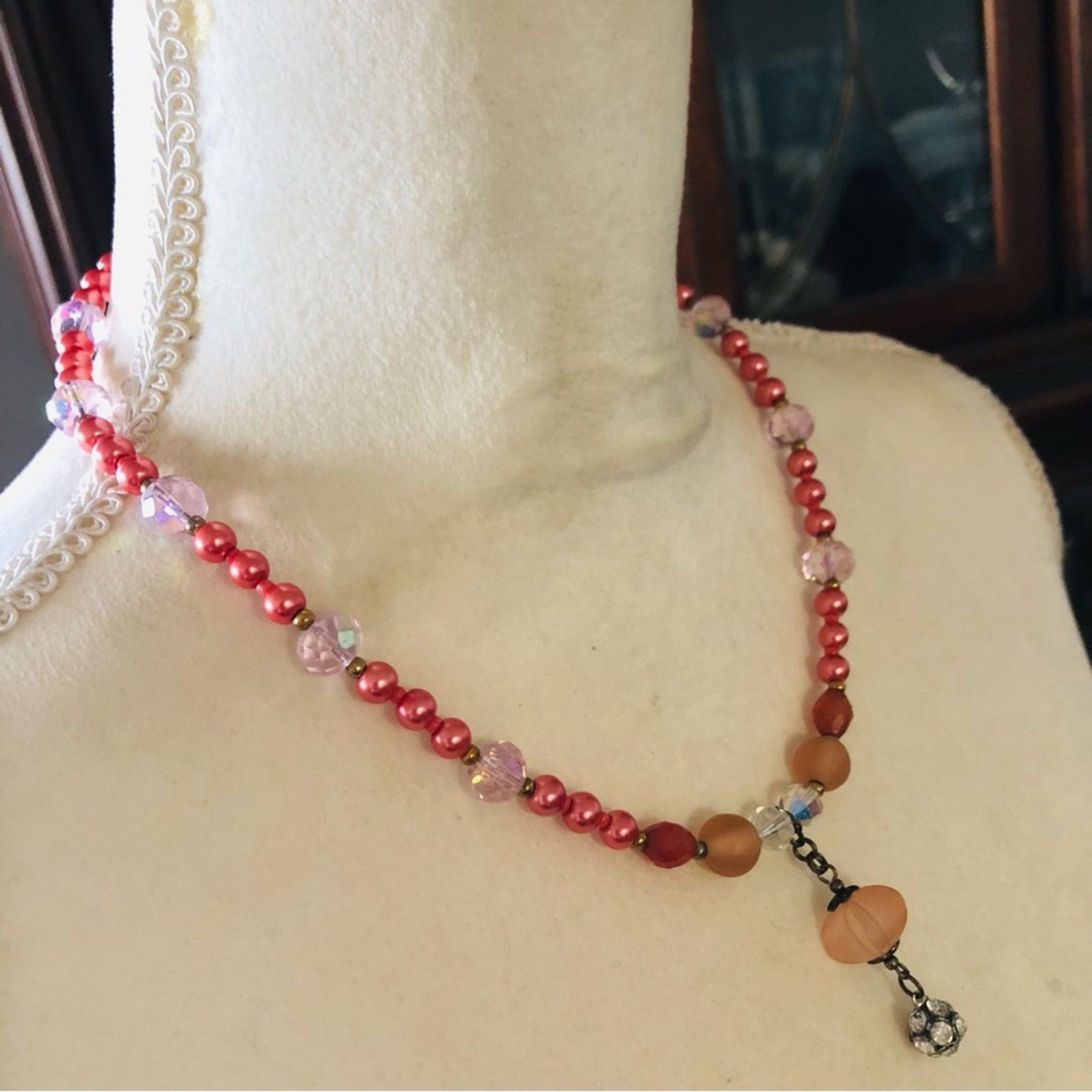 Handmade Handcrafted repurpose crystal antique rose Pearl necklac Size ONE SIZE - 3 Thumbnail