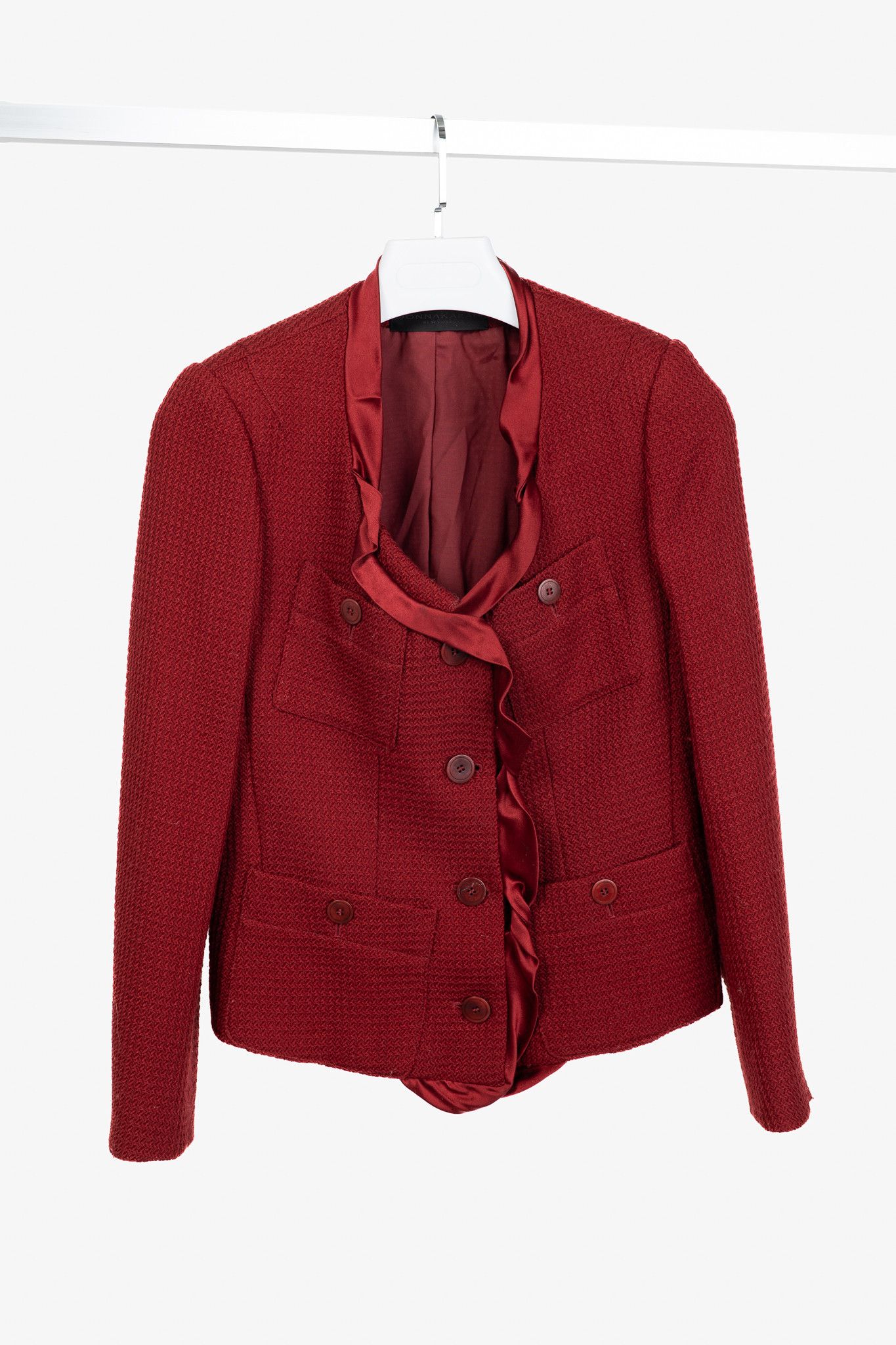 Donna Karan New York Red Wool Tweed Ruffle-Trim Blazer