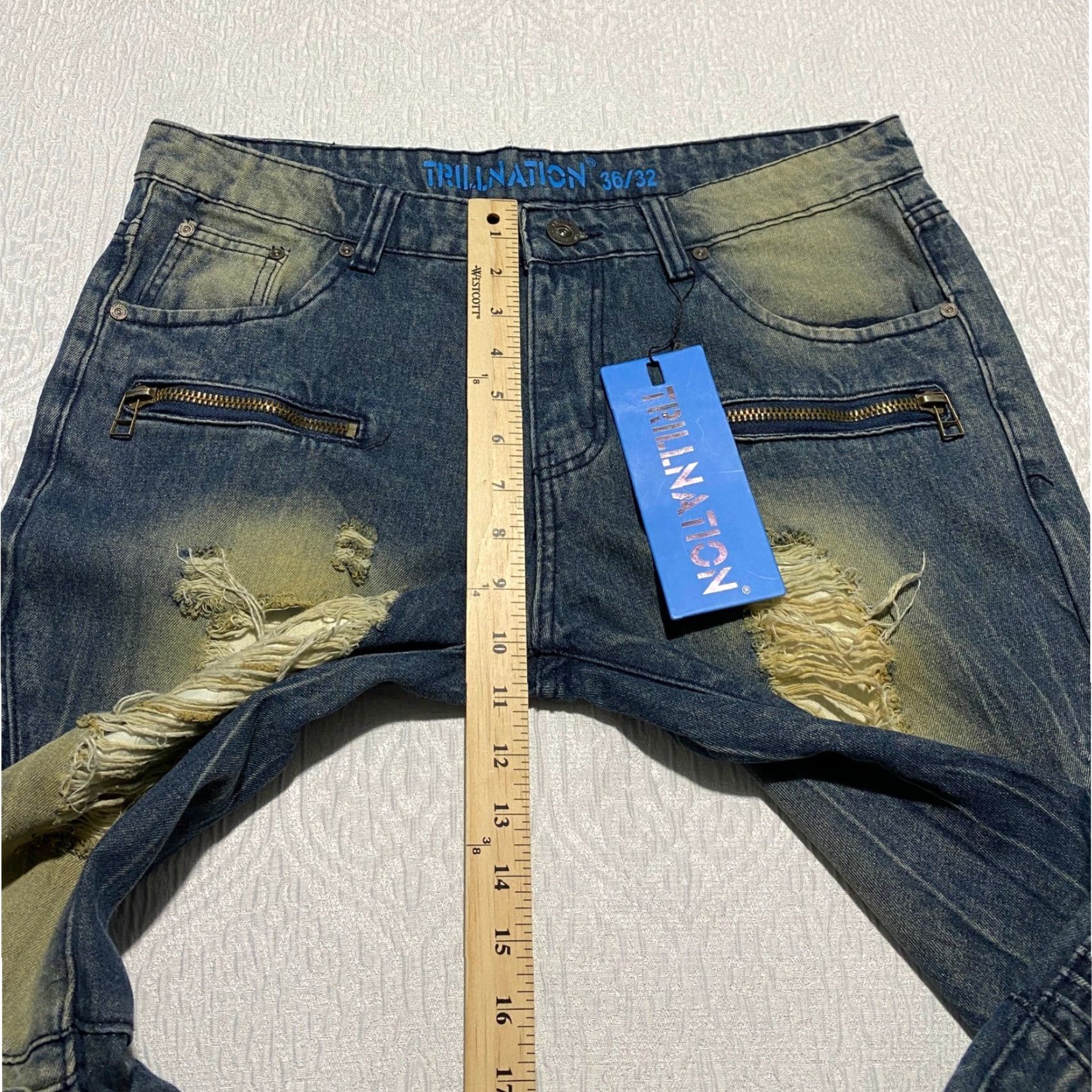 Denime Trillnation Jeans Mens Size 36x32 Blue Denim Distressed Ripped Biker Moto Slim Fit 5-Pocket Denim Pants Size US 36 / EU 52 - 7 Thumbnail