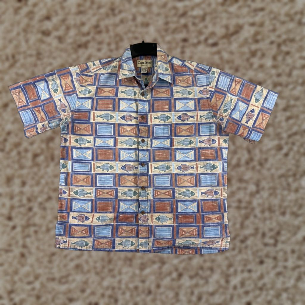Vintage Cooke Street Shirt Mens Large Blue Beige Cotton Hawaiian Fish Tile Button-Up Short Sleeve Size US L / EU 52-54 / 3 - 1 Thumbnail