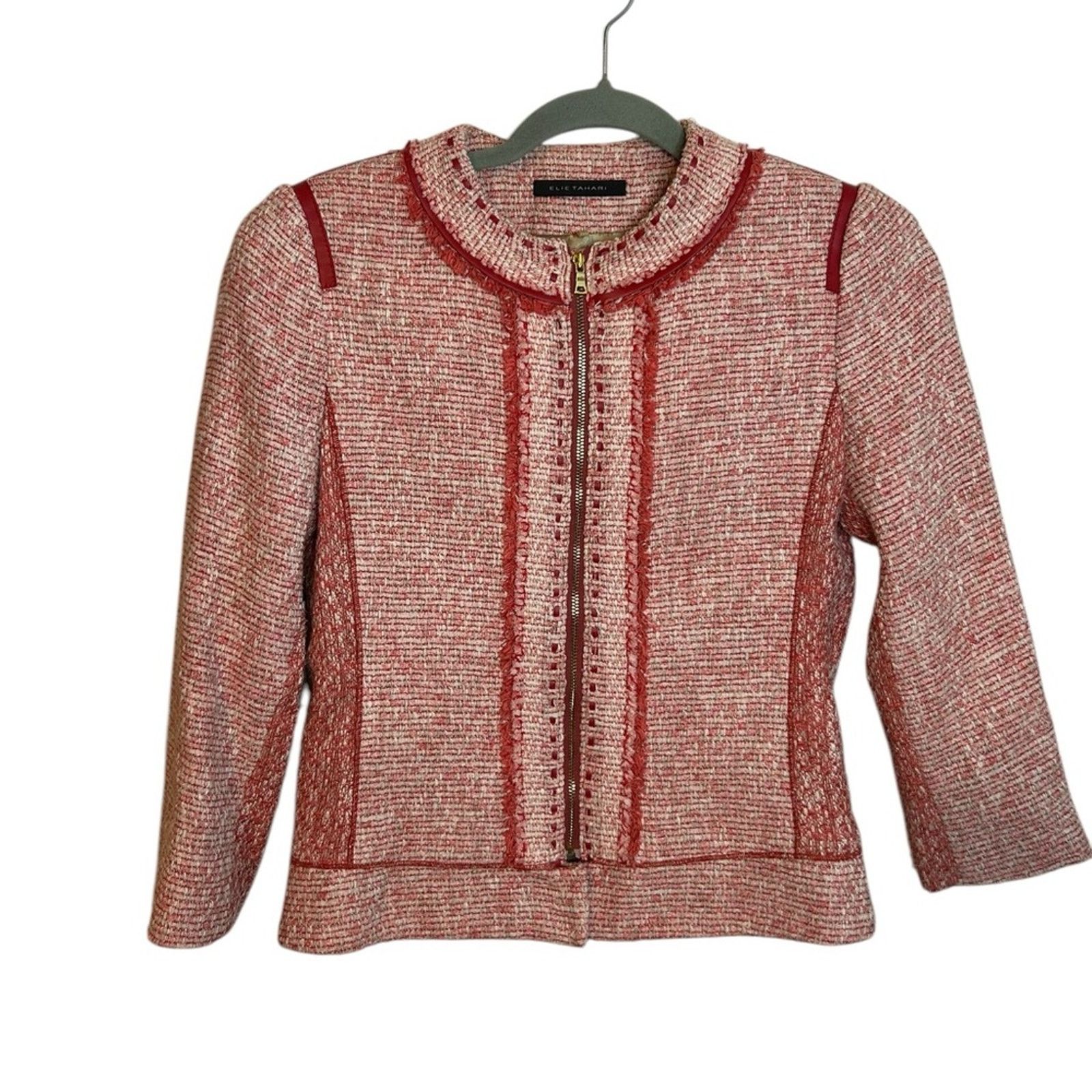 Elie Tahari Tahari Red Tweed Zip Front Jacket Size XS / US 0-2 / IT 36-38 - 1 Thumbnail