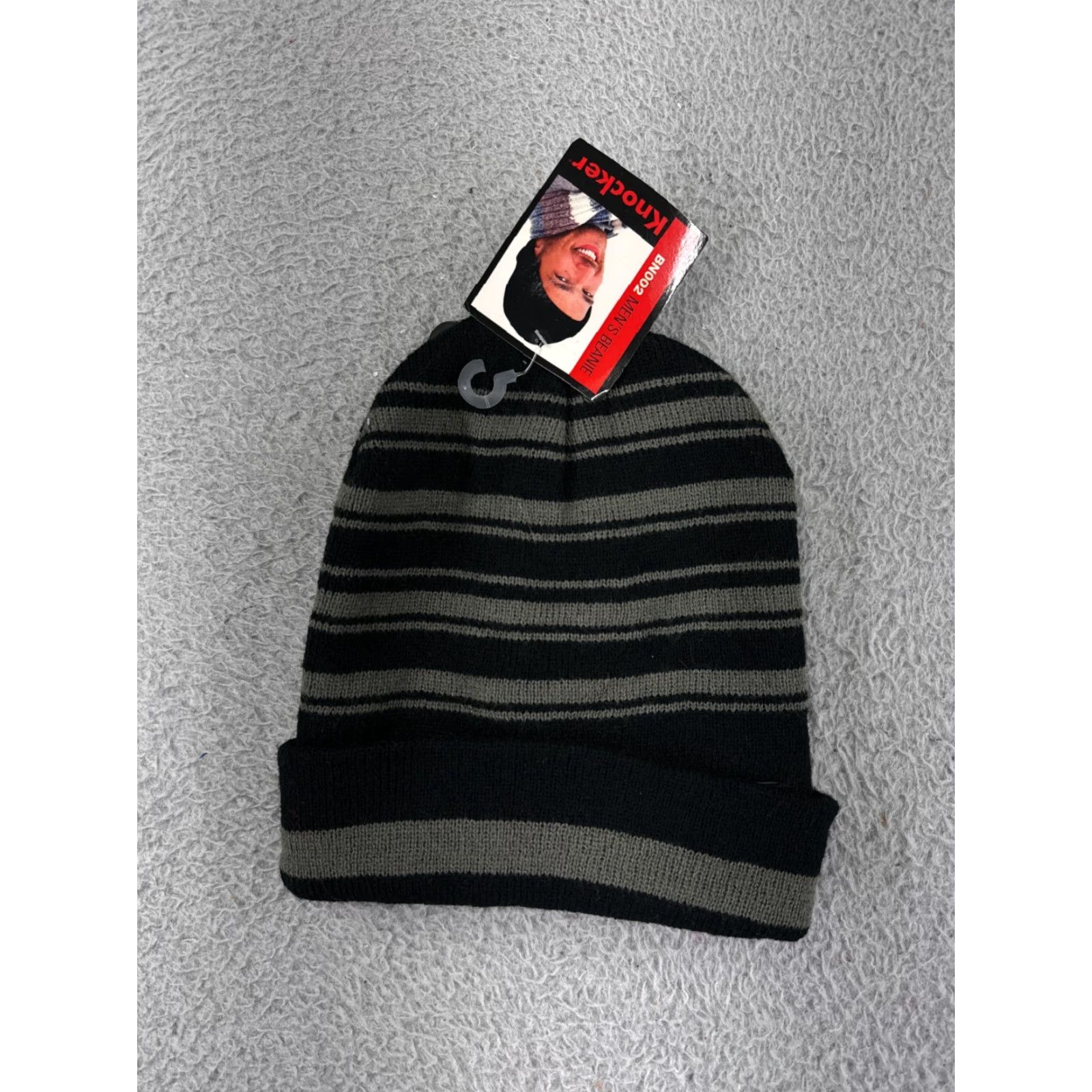 Vintage Knocker Beanie Toque Adult One Size Black Gray Striped 100% Acrylic Knit Ski Size ONE SIZE - 2 Thumbnail